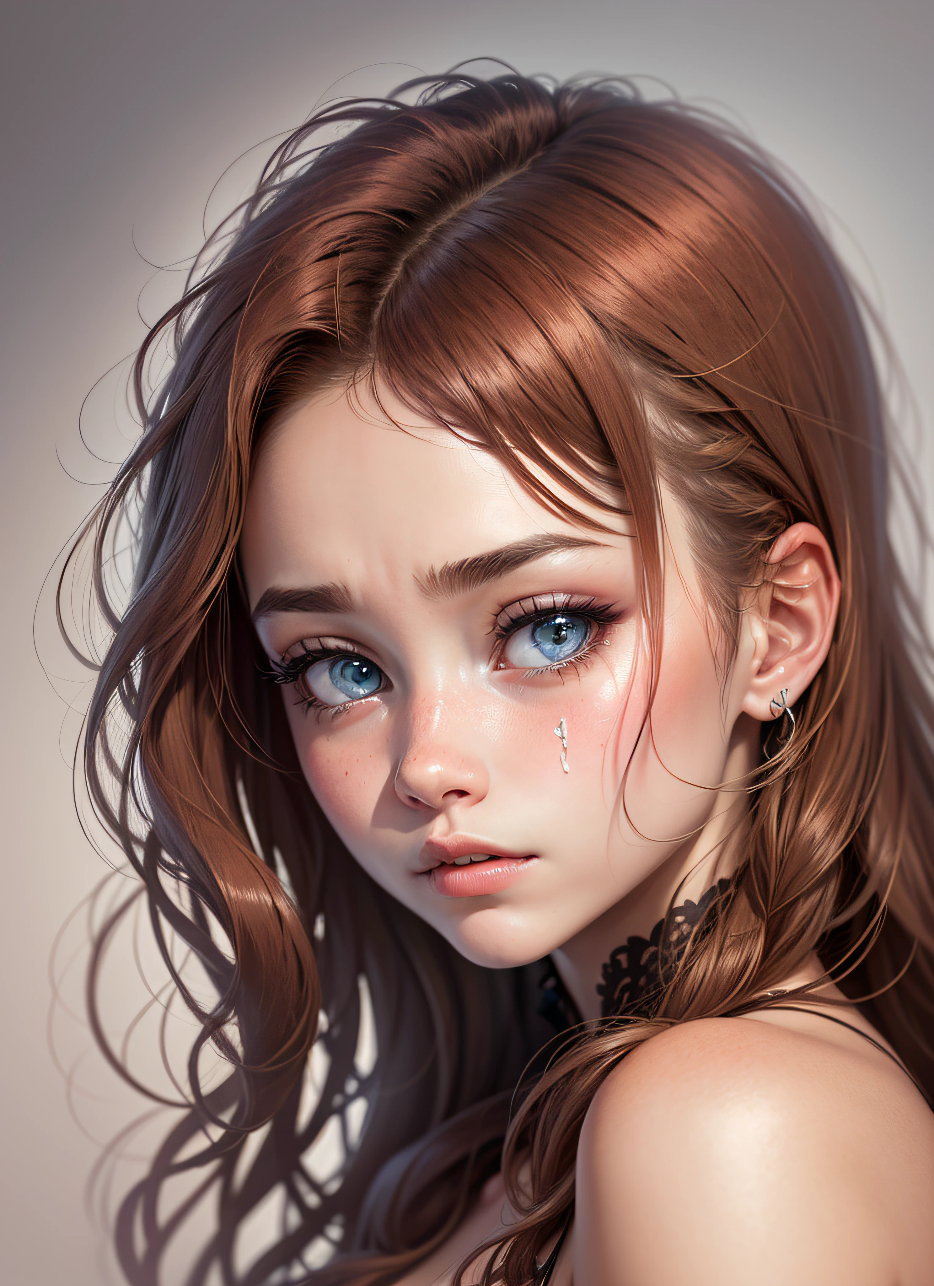 (obra maestra), (parte superior del cuerpo), (nipple erect), retrato, 18-year-old red-haired girl, sexy, Mirando al espectador, cabello largo trenzas, ojos grandes azules, small mouth, labios grandes detallados, 14 Years Old Girl, sad emotional expression, Peinado de capas frontales, girl face, desnuda, Enfoque facial,, perfect composition, dark background with rust texture, Hiperrealista, Kinematic, Super detailed, 8k, alta calidad, Arte de tendencias, tendencias en Artstation, foco nítido, Foto de estudio, Detalles intrincados, Altamente detallado, por el senor de los Anillos --auto
