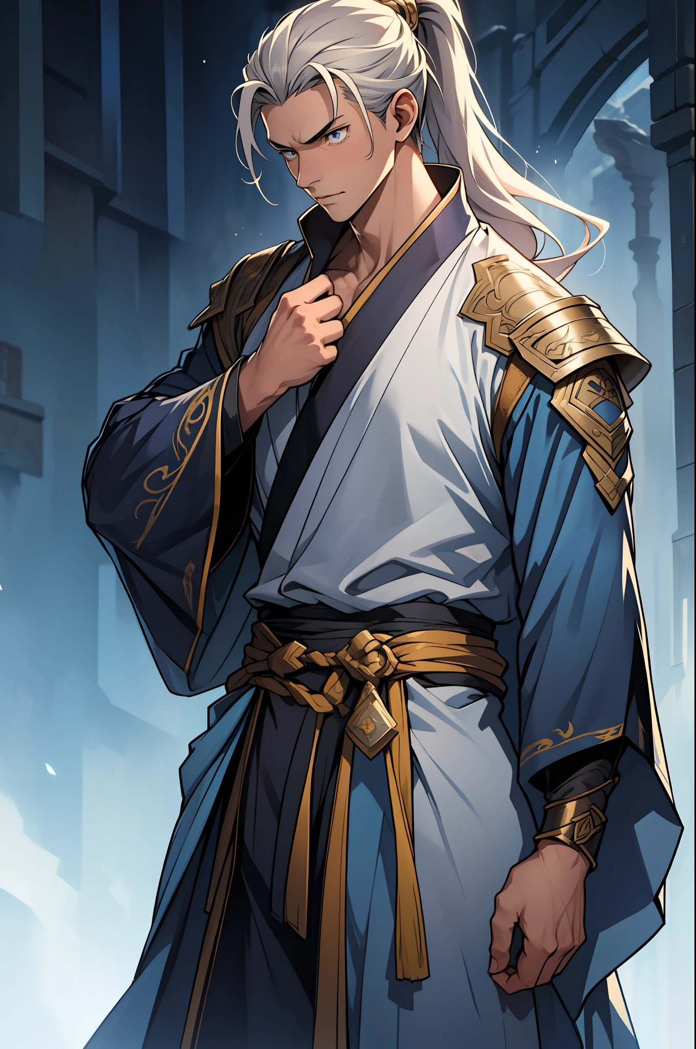 quadratic element,style of anime,mtu(Male Warrior),The proportions are correct,Face details,swordsmen,High ponytail hairstyle,Neck details,There is an Adam's apple,Blue suit,kaftan,long blue robes,clothes details,Handing over,longer sleeves,Game quality,Swordsmanship,Light and shadow tracking,Ray traching,detailed glow,cg render,hair detail,Blue long hair,blue colored eyes,Handsome,Handsome,(juvenile sense),Clothing is complicated,Perfectcomposition,Refinement,high qulity,higher details,Lots of details,The background is complex,a sense of atmosphere,