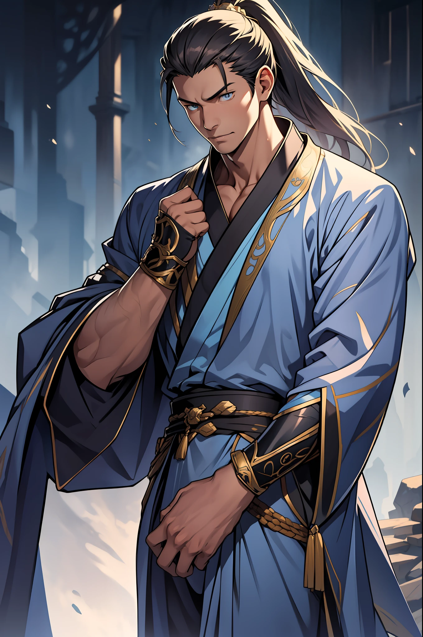 quadratic element，style of anime，mtu（Male Warrior），The proportions are correct，Face details，swordsmen，High ponytail hairstyle，Neck details，There is an Adam's apple，Blue suit，kaftan，long blue robes，clothes details，Handing over，longer sleeves，Game quality，Swordsmanship，Light and shadow tracking，Ray traching，detailed glow，cg render，hair detail，Blue long hair，blue colored eyes，Handsome，Handsome，（juvenile sense），Clothing is complicated，Perfectcomposition，Refinement，high qulity，higher details，Lots of details，The background is complex，a sense of atmosphere，