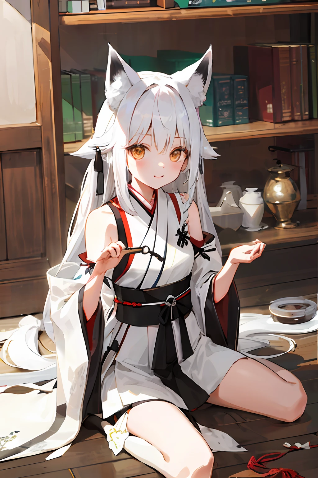 White-haired fox ears,teens girl,white colors,Japanese costume
