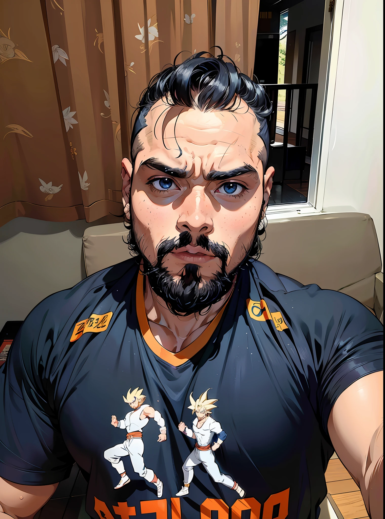 Super Saiyajin, DBZ, There's a man with a beard and shirt who says Projetts, Fotografia selfie 8k, imagem de qualidade muito baixa, (30 anos), Homem de 3 0 anos, foto de perfil 1024px, imagem de perfil, lindo, belo, homen bonito