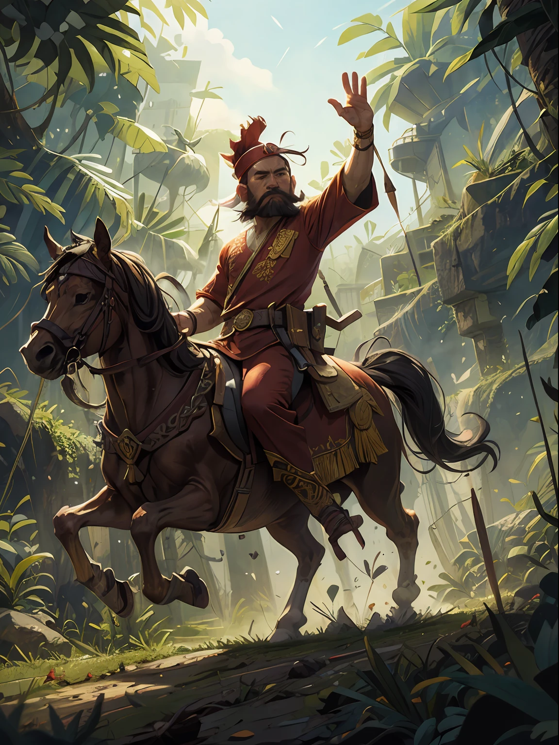 Indonesian warrior man, mustache, beard, red headband warrior, wear red shirt, long red robe, ride a horse, raised hand with  a dagger, heroic, battlefield , at night, full body view, background burning jungle, fire