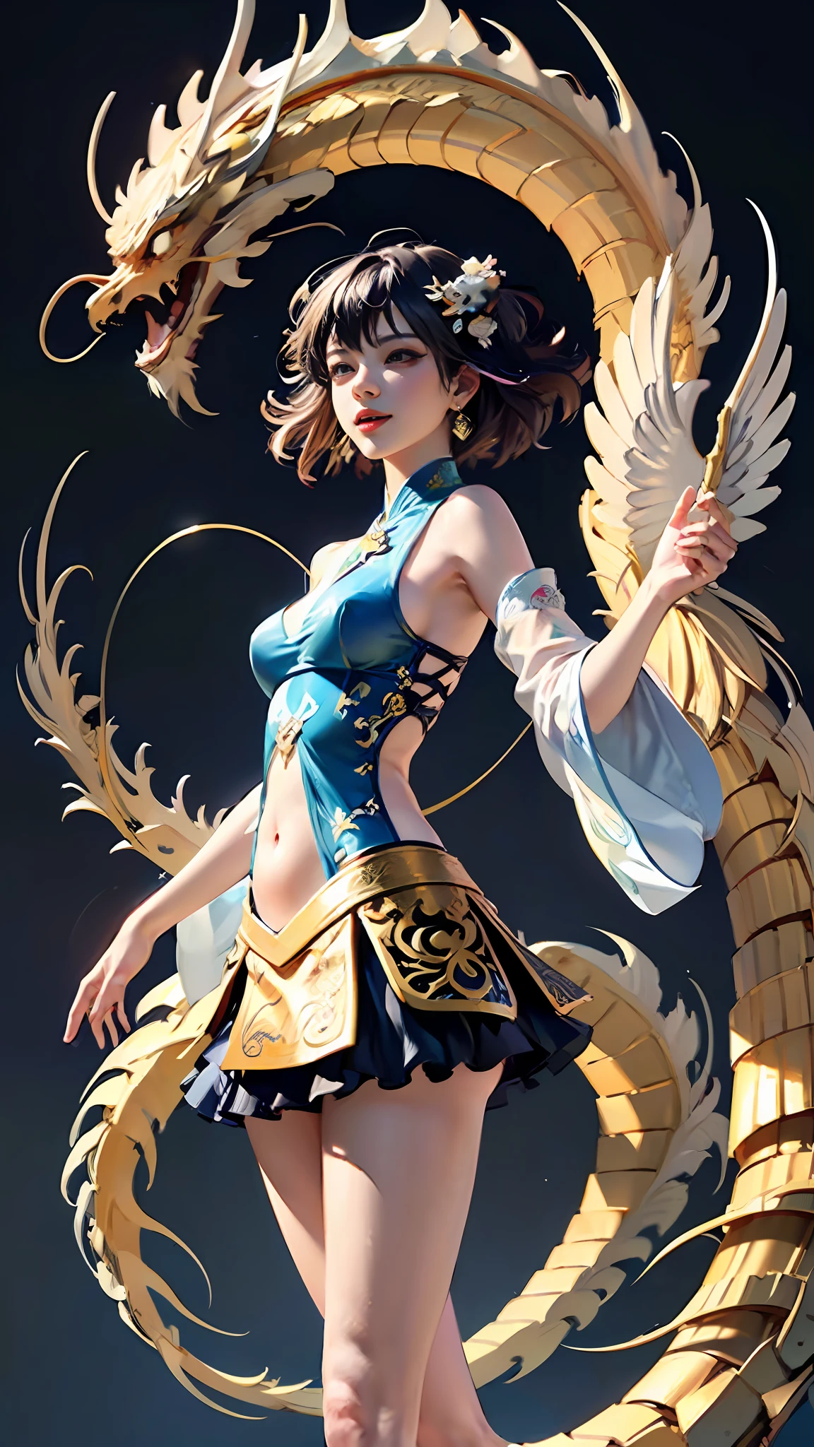 Official Art, Unified 8K Wallpapers, Ultra Detailed, Beautiful and Aesthetic, Masterpiece, Best Quality, (Zentangle, Tangle, Entangle), (fractal art: 1.4), 1girl, black hair, Chinese, bare shoulders, short skirt, calf, navel, very detailed, dynamic angle, cowboyshot, (most beautiful form chaos), flowing, (bright colors), oc, (half: 1.2), china, (thangka flying sky: 1.5), (ribbon: 1.3), (dream: 1.5), (hanfu: 1.5), Chinese dragon, Chinese phoenix, (smile: 0.5), (Chinese deity),