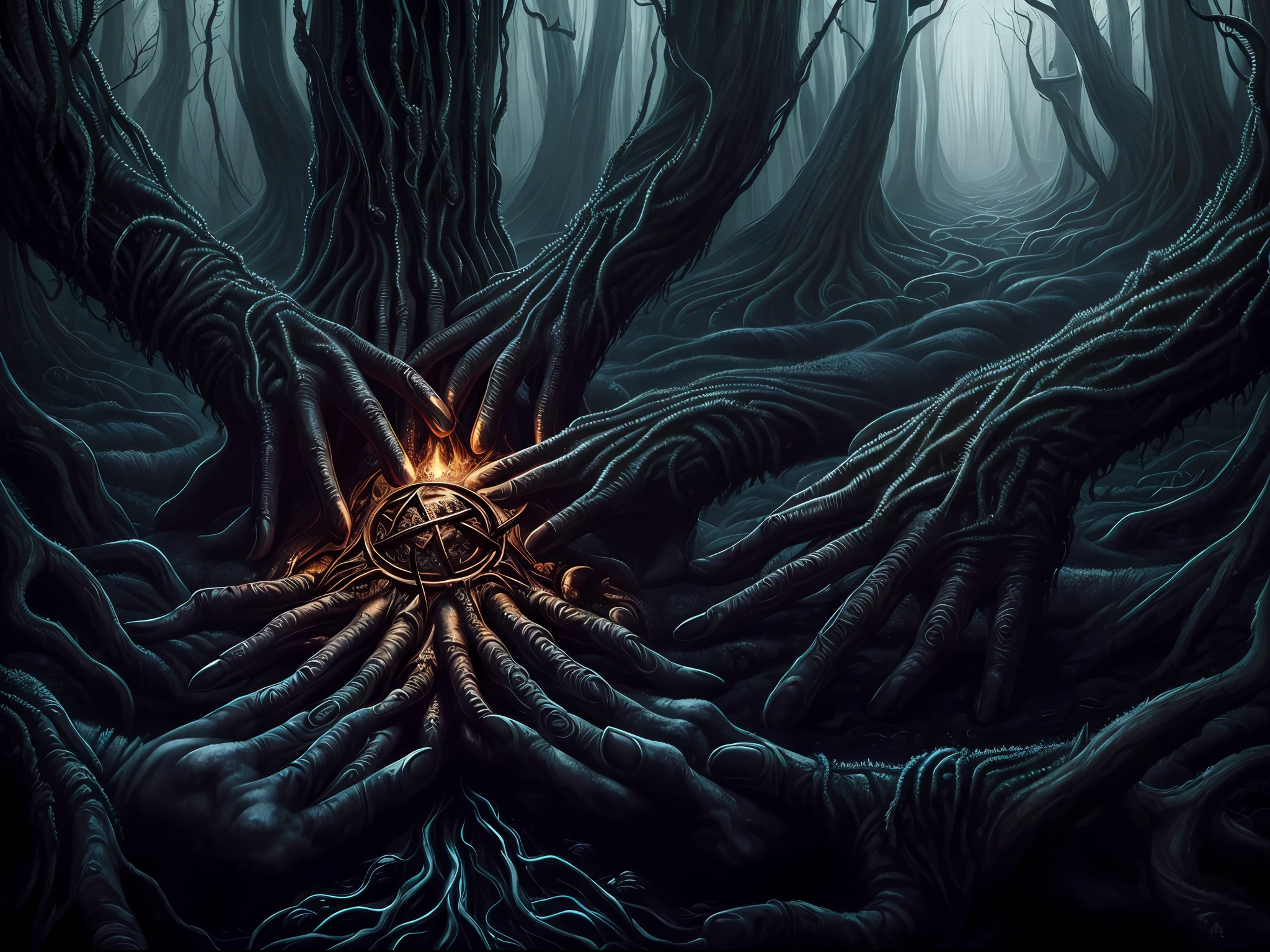 NSFW ((The thing with many hands)), (magician, casting spells), creepy forest landscape, digital painting,  digital illustration,  extreme detail,  digital art,  4k,  ultra hd, fantasy art, seb mckinnon, trending on artstation, hyperdetailed, intricate, elaborate, meticulous, mysterious, ominous, twilight --auto