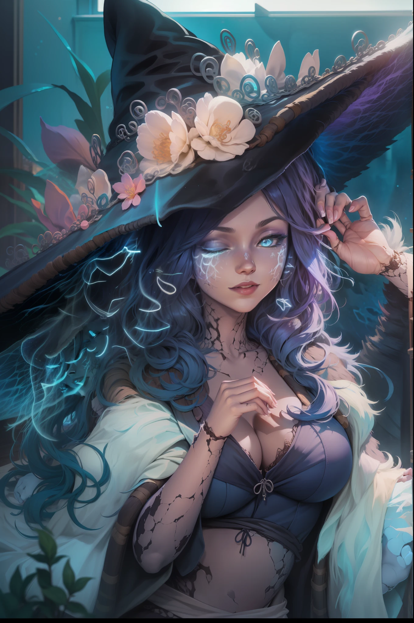 Luna Ranni a woman dressed as a witch , a digital painting, by Yuumei, alphonse mucha and rossdraws, glowing blue, priestess in a conical hat, cgsociety - w 1 0 2 4 - n 8 - i, seraphine ahri kda, commission for, flower goddess, :: rossdraws, yennefer, big breasts, , sexy , sexy smile, smiling, sitting in bedroom in morning clothes, without hat, shirtless, blue skin, beautiful bedrooom