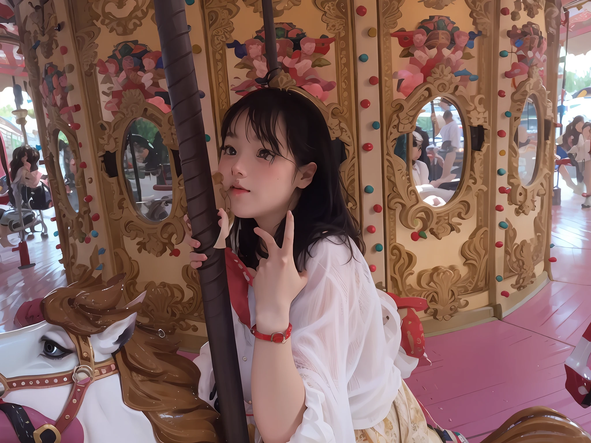 Girl on the carousel，The background is a carousel,