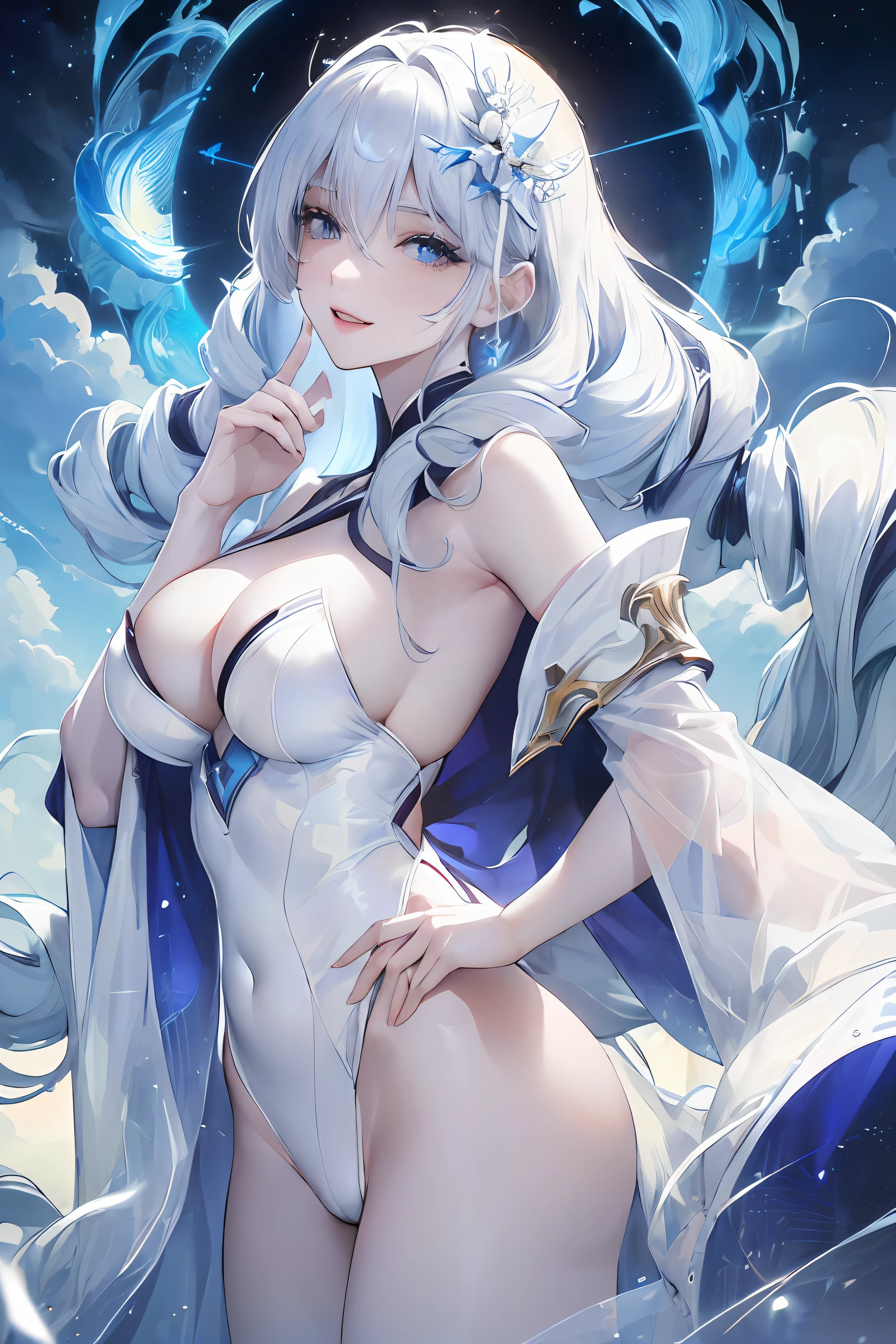 official art, masterpiece, sharp focus, (beautiful gorgeous cute Korean woman:1.3), (beautiful cute korean:1.3), korean beauty, Delicate and beautiful hair and eyes and face, realistic, ultra detailed, beautiful girl, blue sky, glow white particle, (sidelighting:1.2), sun light, white cloud, detailed clouds, slender, Lovely very large breasts and very large hips, smile with teeth, ((smile with eyes, open both eyes)), scenery, long hair, drill hair, sexy facial expression, dynamic hair, long straight hair, detailed platinum hair, glow blue eyes, sexy leotard, pale skin, hair ornament, epic scenery,