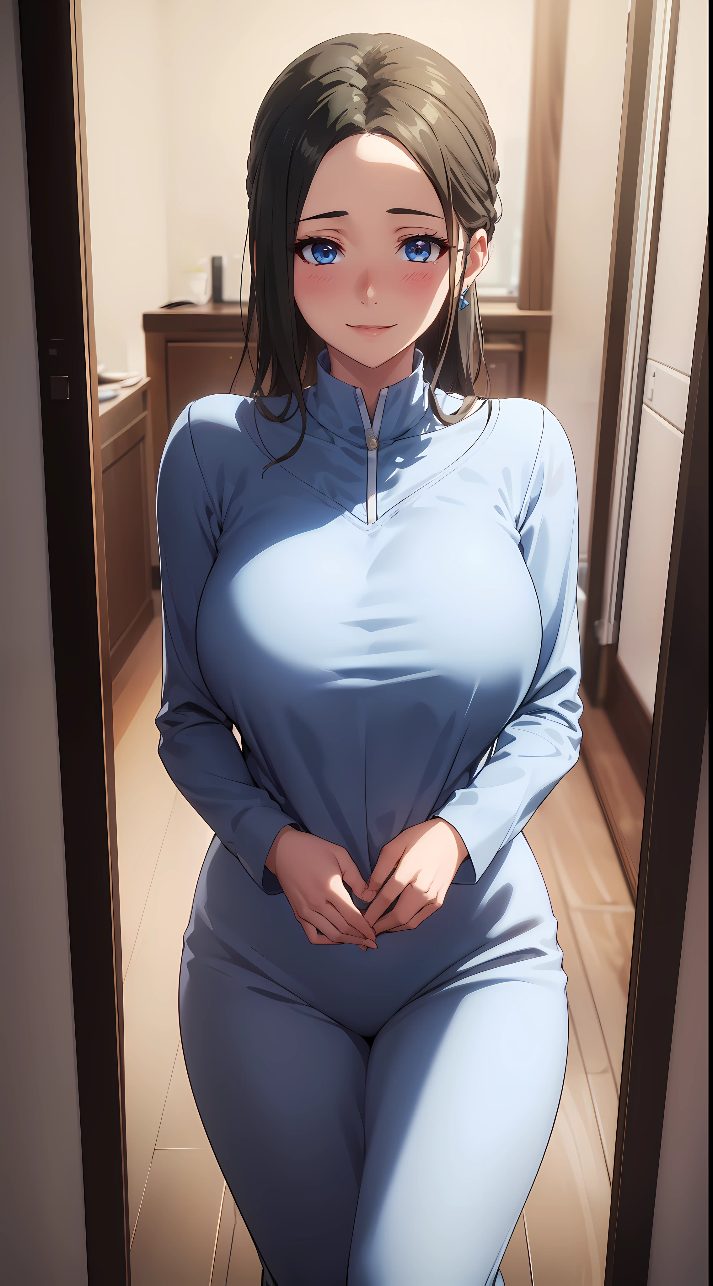 masterpiece, (best quality), 1woman,1girl ,haruhiko_ichijou_mother,  black hair, long hair,  (blue eyes),gown, (honeymoon),big breasts ,(suggestive:1.2), ,sexy woman,smile, hair between eyes, long sleeves,, embarrassed,blush,  , vibrant colors ,natural lighting  ,RTX,  , beautiful, (detailed face:1.2), showcase, (perfect eyes:1.1) ,(photorealistic:1.1), 8k uhd,  looking at viewer, indoors,  simple backround,