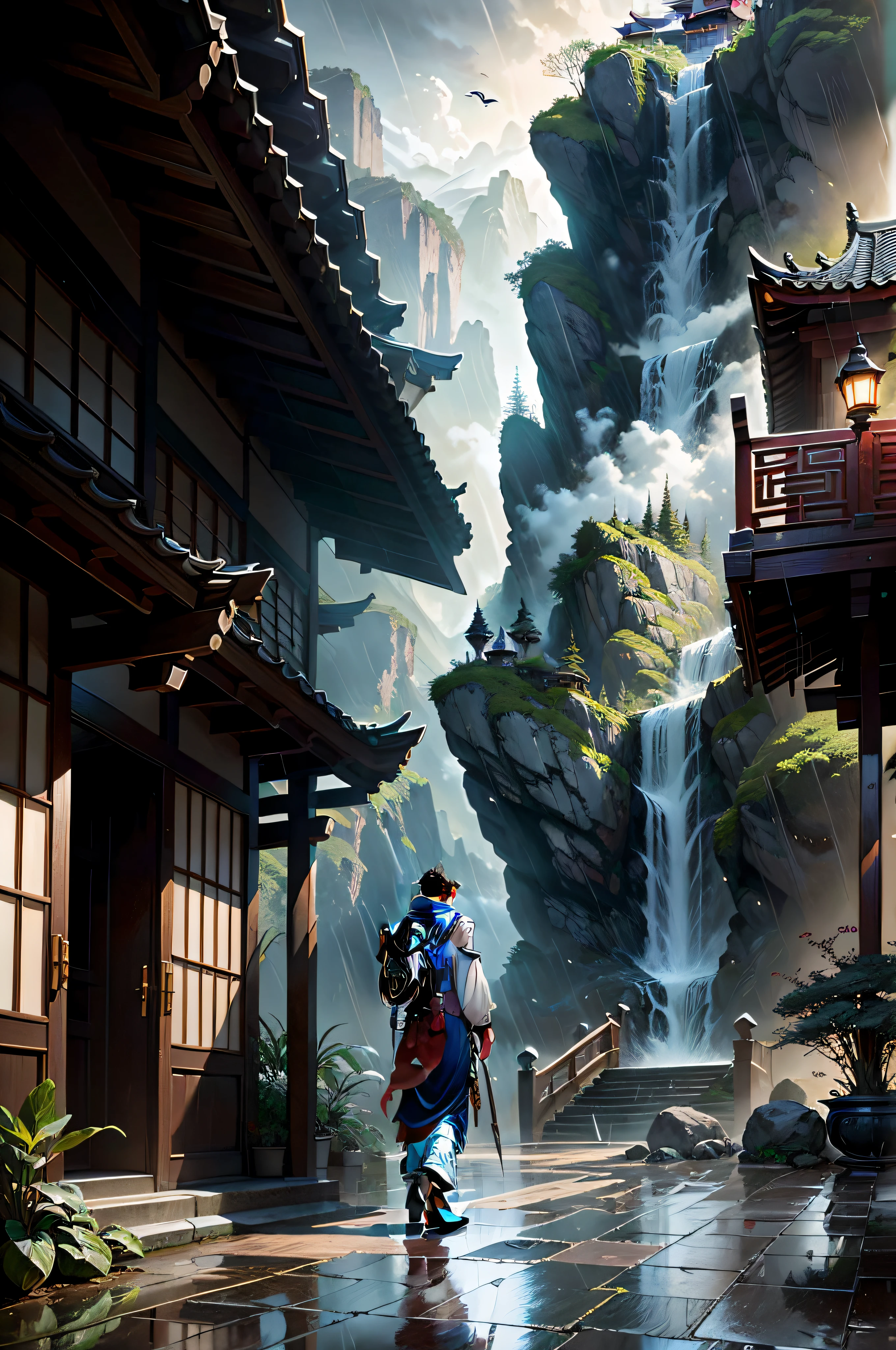 Arafard's image,A man stands on a staircase in the rain, by Yang J, ross tran. scenery background, inspired by Sōami, emotional concept art, Guviz-style artwork, author:Qu Leilei, by Bayard Wu, author:Huang Shen, anime atmospheric,