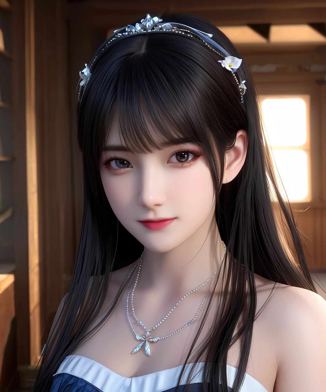 Best quality, masterpiece, high resolution, 1girl, porcelain dress, hair accessories, necklace, jewelry, beautiful face, on the body, Tyndall effect, realistic, dark studio, edge lighting, two-tone lighting, (high detail skin: 1.2), 8k UHD, dslr, soft light, high quality, volumetric light, candid, photo, high resolution, 4k, 8k, background blur,