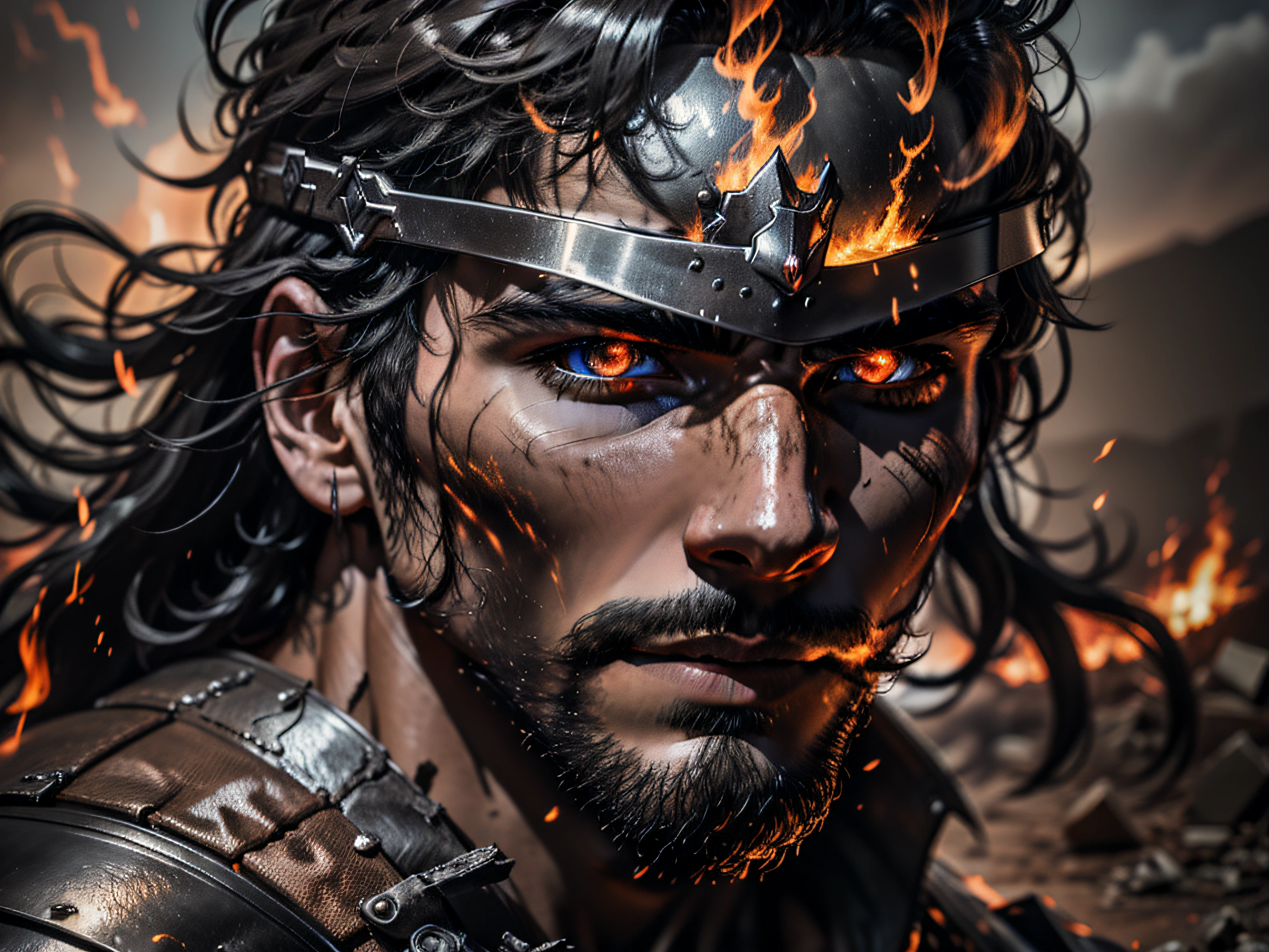 (masterpiece, high resolution, photo-realistic:1.4), (fading warrior:1.3), (blazing armor:1.2), (billowing smoke:1.2), (charred ground:1.1), (fierce determination:1.2), (burning embers:1.3), (melting sword:1.2), (ashen sky:1.1), (crumbling ruins:1.2), (intense heat:1.2), (eerie silhouette:1.2), (war-torn battlefield:1.3), (flickering flames:1.2), (triumphant victory:1.1), (dramatic moment:1.1), (dynamic motion:1.2), (glowing ashes:1.3), (intense contrast:1.2), (warrior's final steps:1.2), (epic fantasy art:1.3), In this mesmerizing masterpiece, a warrior emerges from the chaos of battle, fading into ashes as he walks. His armor is ablaze, casting a fiery glow that illuminates the charred ground beneath his feet. The billowing smoke and burning embers create a mesmerizing atmosphere, as if the very air around him is aflame. The warrior's determination is palpable, his face hidden behind a helmet, yet his eyes burn with fierce resolve, As he takes each step, his sword begins to melt, dripping molten metal onto the war-torn battlefield. The ashen sky looms above, a haunting backdrop to the crumbling ruins and smoldering debris. The intense heat radiates from his presence, creating an otherworldly aura. The silhouette of the warrior against the flickering flames captures a moment of triumph amidst the chaos and destruction., The artwork plays with intense contrasts, emphasizing the transition from life to ashes. The warrior's fading form blends seamlessly with the glowing ashes that surround him, symbolizing his ultimate sacrifice. The dynamic motion of his stride adds a sense of movement and energy to the scene, drawing the viewer into the epic fantasy world, This high-resolution, photo-realistic artwork captures the essence of a warrior's final steps, immortalizing a dramatic and poignant moment in time. The level of detail and intricate artistry make this piece a true masterpiece, captivating viewers with its raw emotion and stunning visual impact.