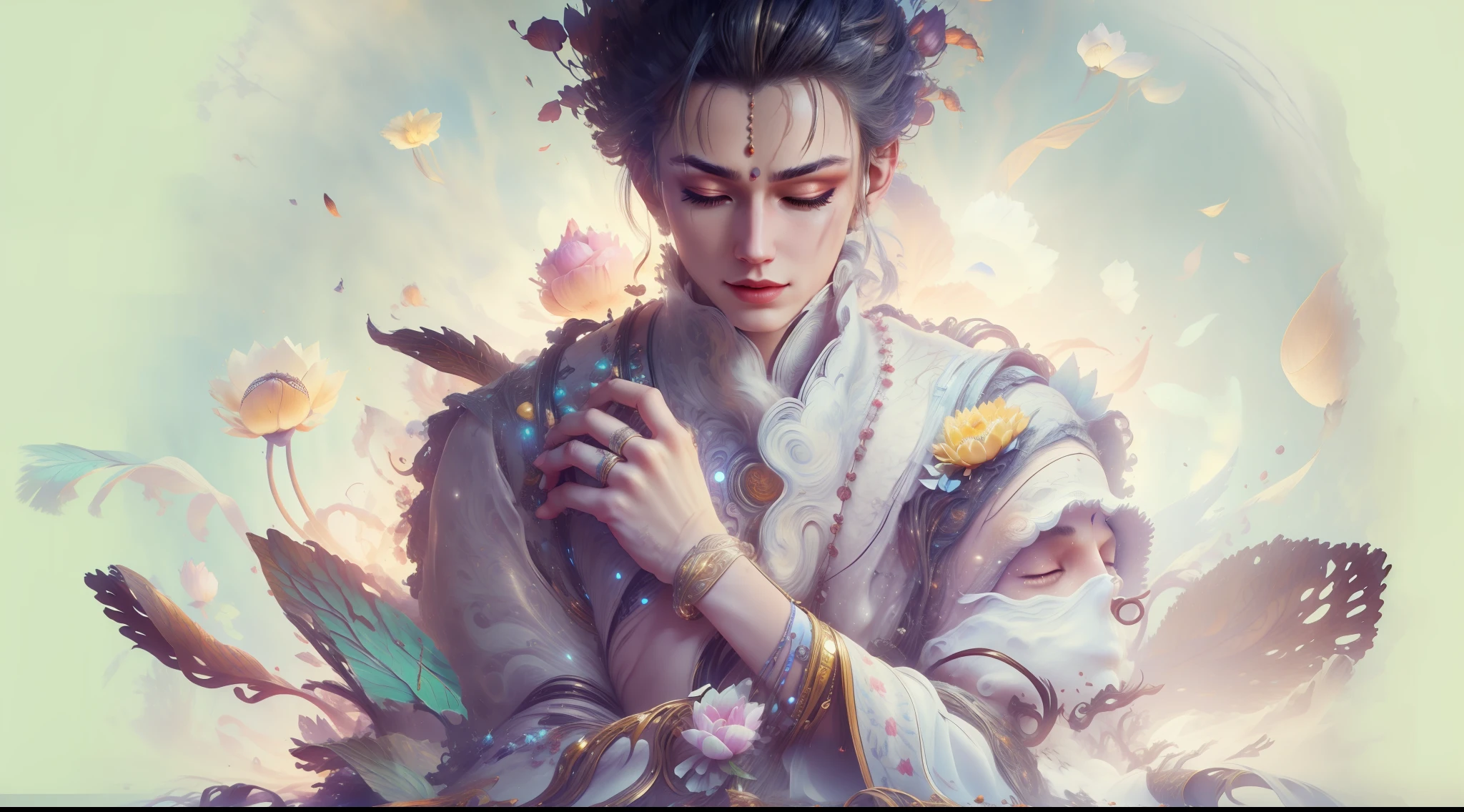 Handsome guy in a white shirt，White giant lotus flower，Sit and meditate in a lotus pose，Look at the audience with your eyes closed，raised head，Floating on the ground，cheerfulness，A slight smil，realisticlying，Bokeh，light particules，very highly detailed background，detailed face with，Detailed and complex busy background，Untidy，opulent，milkyW，Highly detailed hands，Realistic details of skin，Visible Pore，tack sharp focus，volume fog，8K  UHD，digital SLR camera，high qulity，filmgrain，White skin of the，photo-realism，lomo graphy，Huge metropolis in a dystopia of the future , look from down