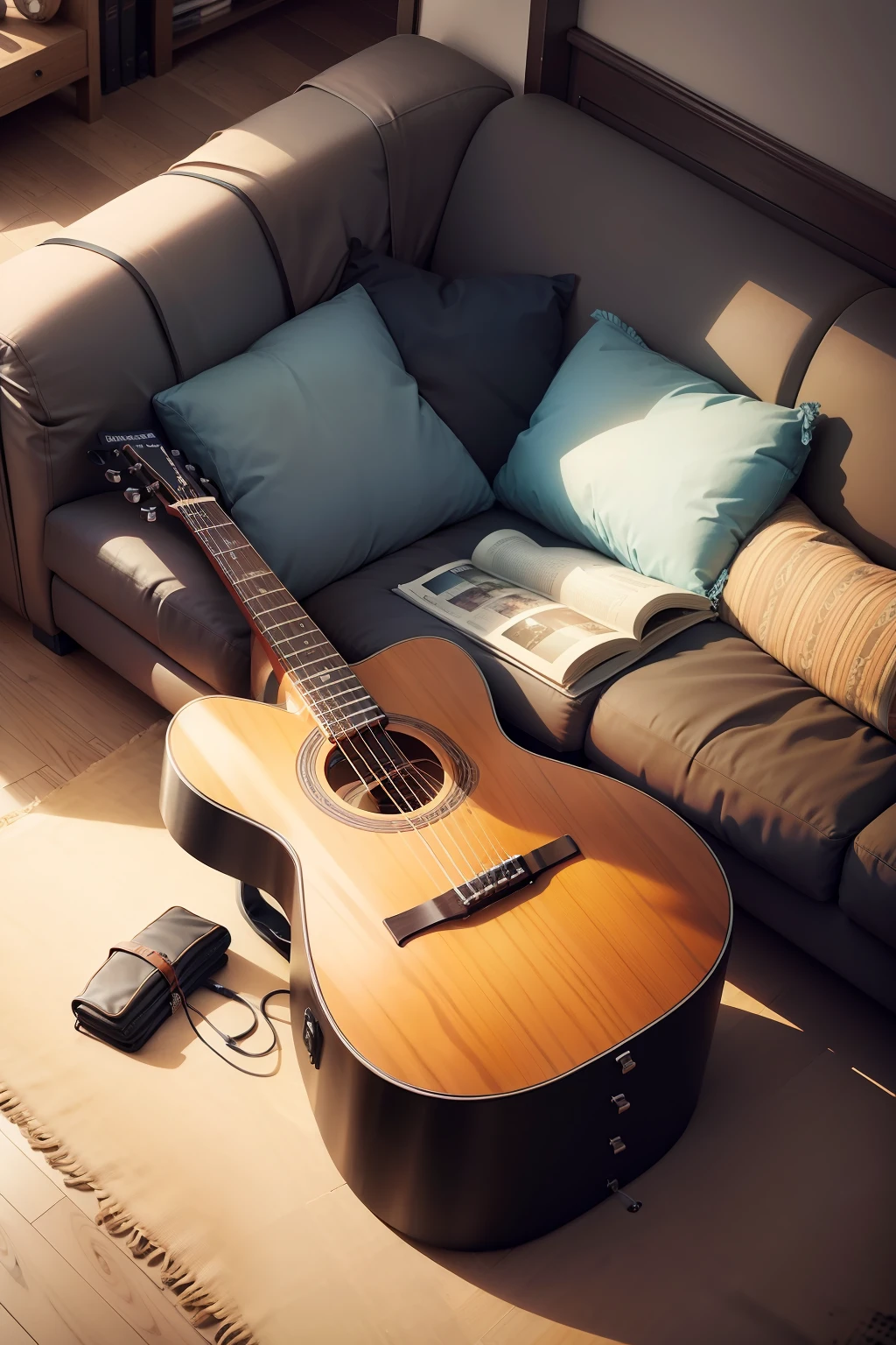 An acoustic guitar can be seen on the sofa。Some clothes can also be seen on the sofa。Books and magazines are scattered under the sofa