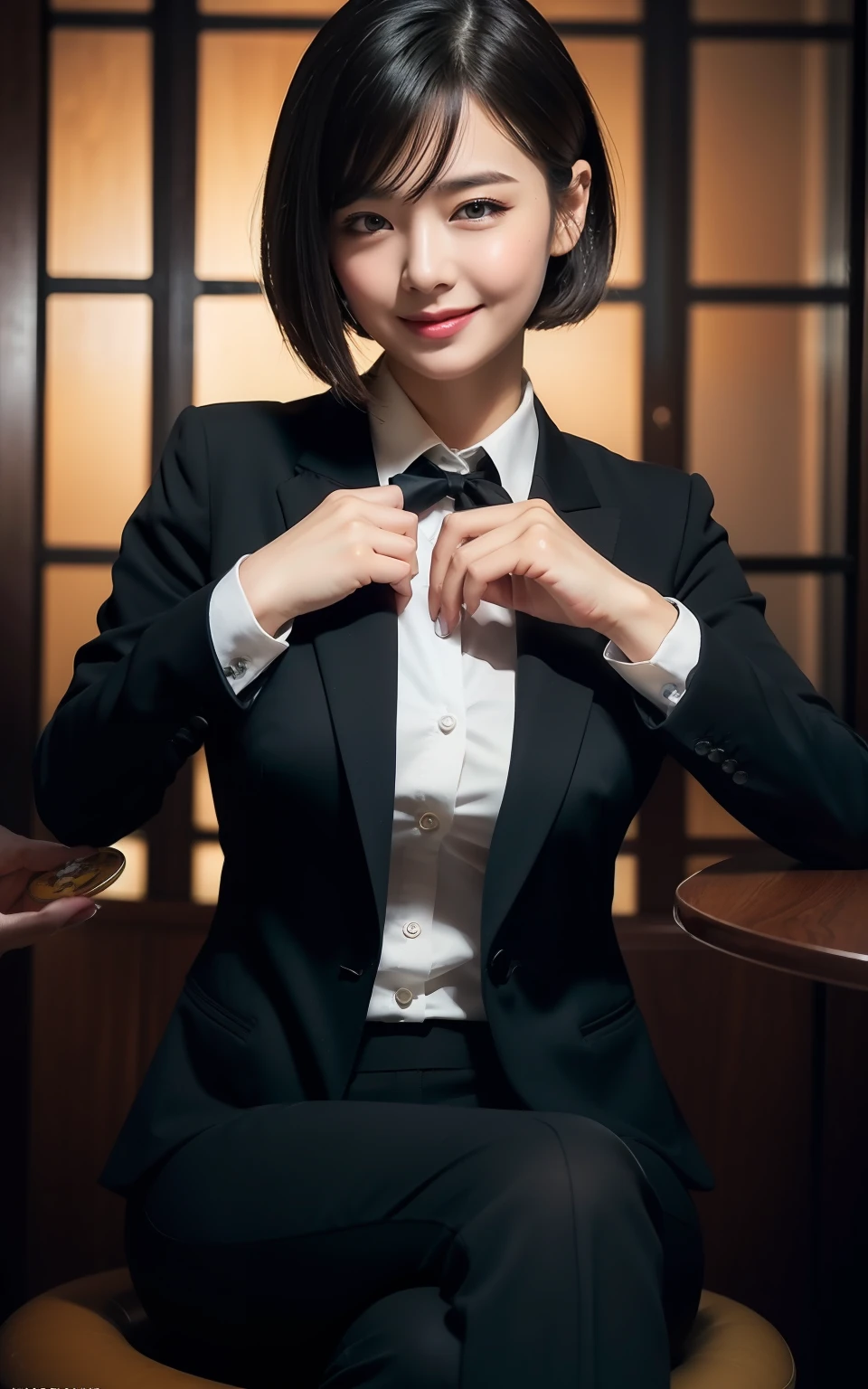 (8k, best quality, masterpiece:1.2), (realistic, photo-realistic:1.37), ultra-detailed, 1 girl,cute, solo,beautiful detailed sky,detailed office,night,sitting,(nose blush),(smile:1.15),(closed mouth) , medium breasts,beautiful detailed eyes,(collared shirt:1.1), night, wet,business attire, rain, (short hair:1.2), pureerosface_v1, computer, detail finger, beautiful detailed face,