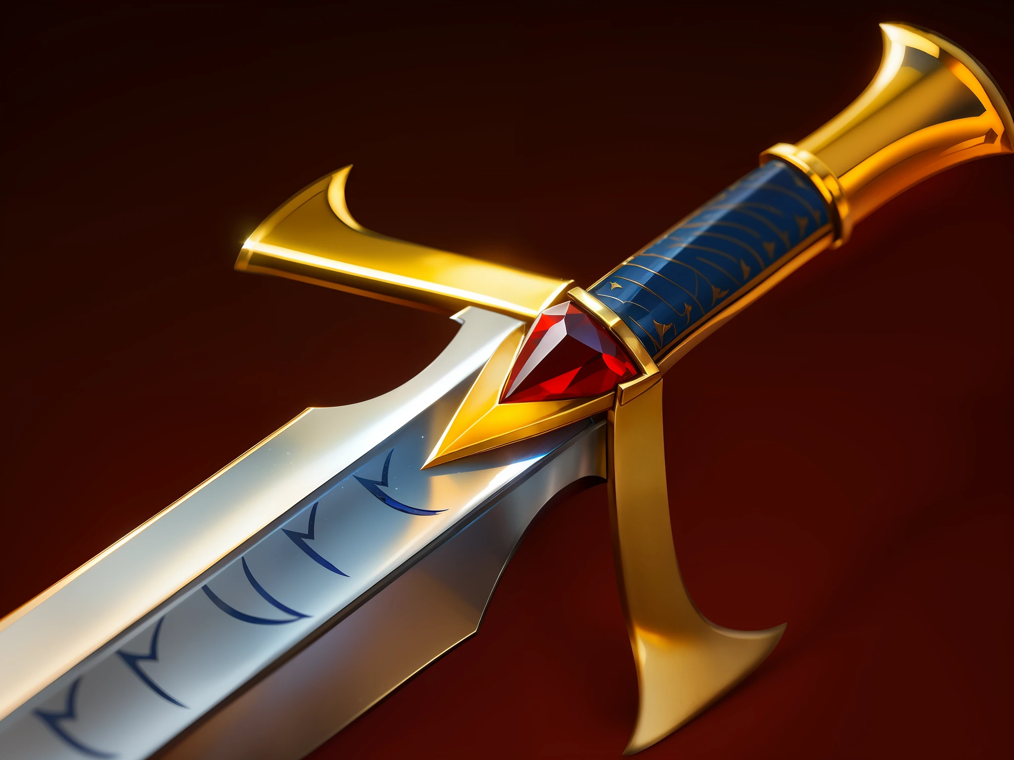 There is a gold-handled sword and red gemstones, gold sword, sword design, Golden sword, sword, fantasy sword of warrior, armored sword blade, beautiful sword, fantasy sword, legendary sword of technology, big sword, shinning sword, yellow broad sword, metal swords, Magic Sword, steel sword, ligtt sword, jiang sword