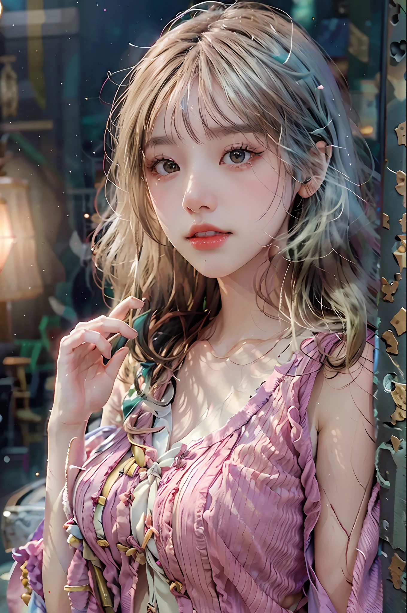 （Fluorescent color：1.4），（semi transparent：1.4），（retro filters：1.4），（fanciful：1.4），（photograph of a woman，1girll：1.2），cropped shoulders，cinmatic lighting, ssmile,short detailed hair，Black shawl straight hair，46 points oblique bangs，High-definition detail、Hyper-detailing、cinematic ligh、ultra-realistic realism、Soft light、Deep field focus bokeh，s the perfect face，beauitful face，beautidful eyes，（（Perfect female body）），Candy World Disneyland，aethereal、softness、fluffly、Soft landscape，Pastel pink sky，Green and blue shine，Ethereal light powder，A whimsical rainbow of brilliance、As estrelas，Diamonds sparkle，Gemstone background，(Ultra photo realsisim)、(Super quality)、cinmatic lighting，huge detail，full HD painting，well-illuminated，