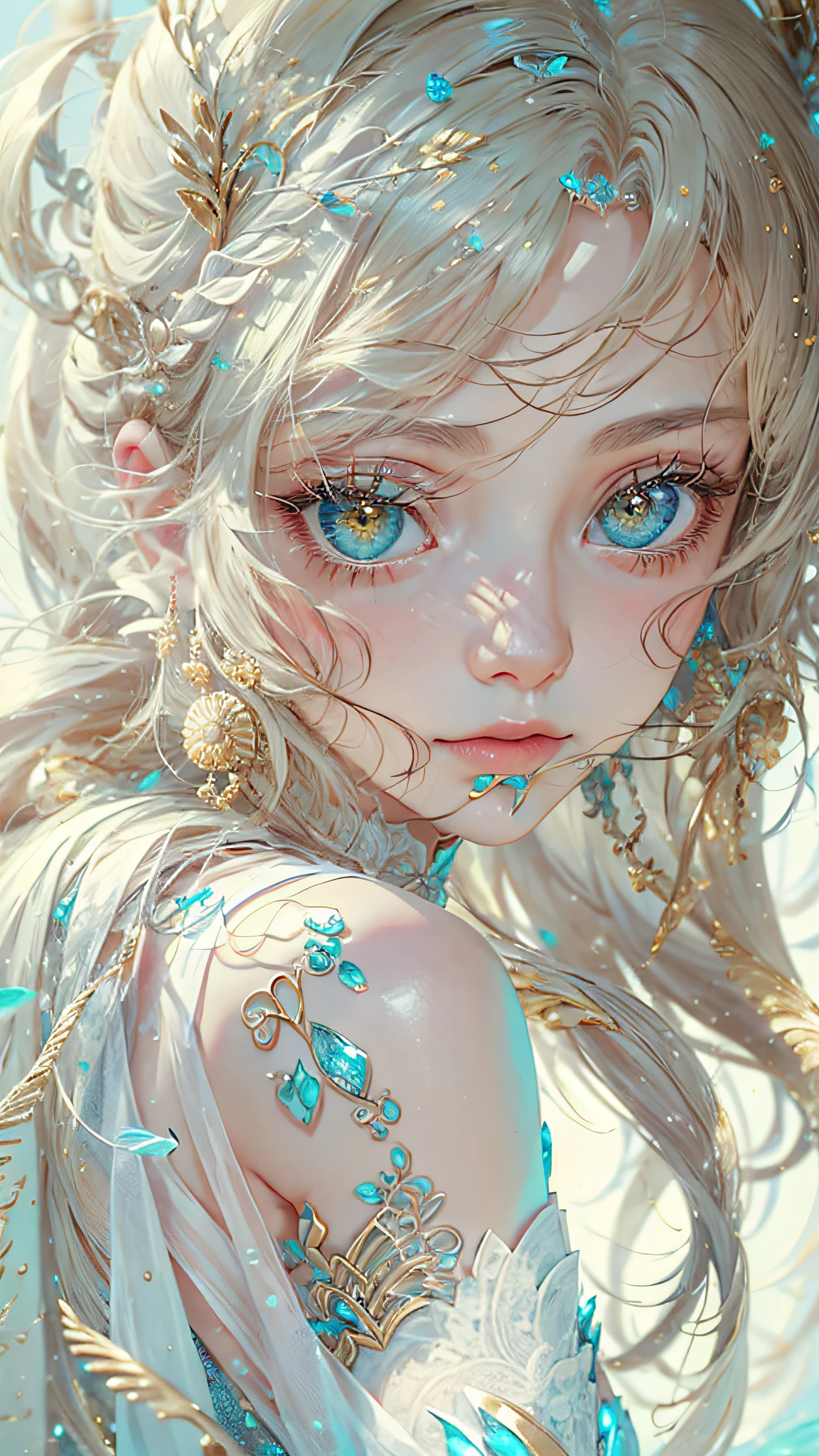 (best qualtiy), ((tmasterpiece)), 1个Giant Breast Girl,(独奏),half-body portrait, Delicate face, looking at viewert, Firm eyes, exposed bare shoulders,Exquisitehands, Um ser celestial, light particules, The halo,the ocean, Full of energy, Colorful colors, (Bio-luminescence),(Detailed composition), 电影灯光