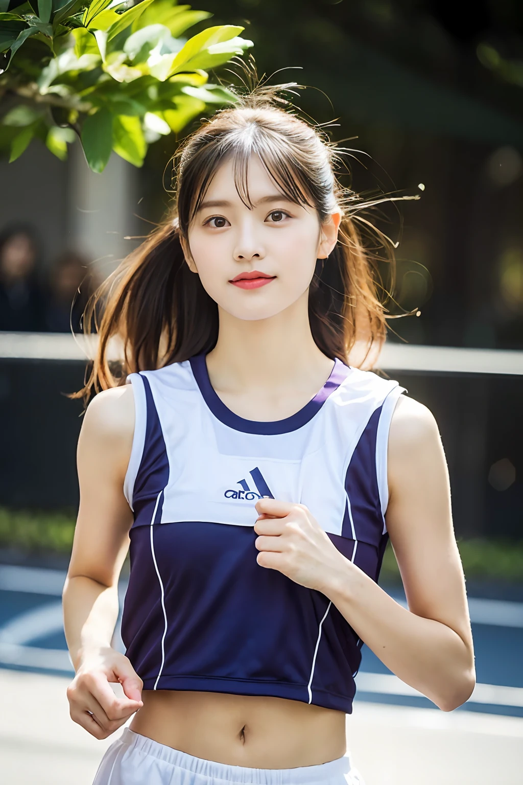 (((Sports, Short, Long, Running, Jogging, Marathon, Exercise, Athletics, Running, Running Posture, Running, Feeling of Galloping, Sweat, Sweat, Sweating Lots)))), ((Volley Uniform: 1.3, White, Red, Blue, Uniform: 1.3, Lower, Swaying, Hetero)), ((White, Red, Blue, Bloomers: 1.2, Low Rise)), (Athletics, Floating Hair NovaFrog Style, Floating Hair, Hair and Clothes That Flutter in the Wind, High School, Slender Abs: 1.2, Navel, Serious Look), (The shape of the pubic area is clearly visible)), Blushing, NSFW, 8k, RAW Photo: 1.2, (Best Quality: 1.4, Masterpiece: 1.4), Super Detail, Best Illustration, Ultra High Resolution, Portrait, Film Grain, 1girl, POV, Depth of Field, Photorealistic: 1.4, detailed hair, realistic hair, realistic lighting, realistic shadows, realistic clothing, realistic skin, natural skin texture, portrait: 0.6, light particles, lens flare, glowing particles: 0.6, bokeh: 1.2, clean: 1.8, professional lighting, photon mapping, radiosity, physically based rendering, incredibly absurd, Glossy skin, pale skin: 1.2, PureErosFace_v1: 0.7, fair skin: 1.1, round face: 1.5, mouth open, puffy eyes, purple eyes, double eyelids, egyosar: 1, floating hair, makeup, Japan girl, lovely thighs, shining thighs, shining legs