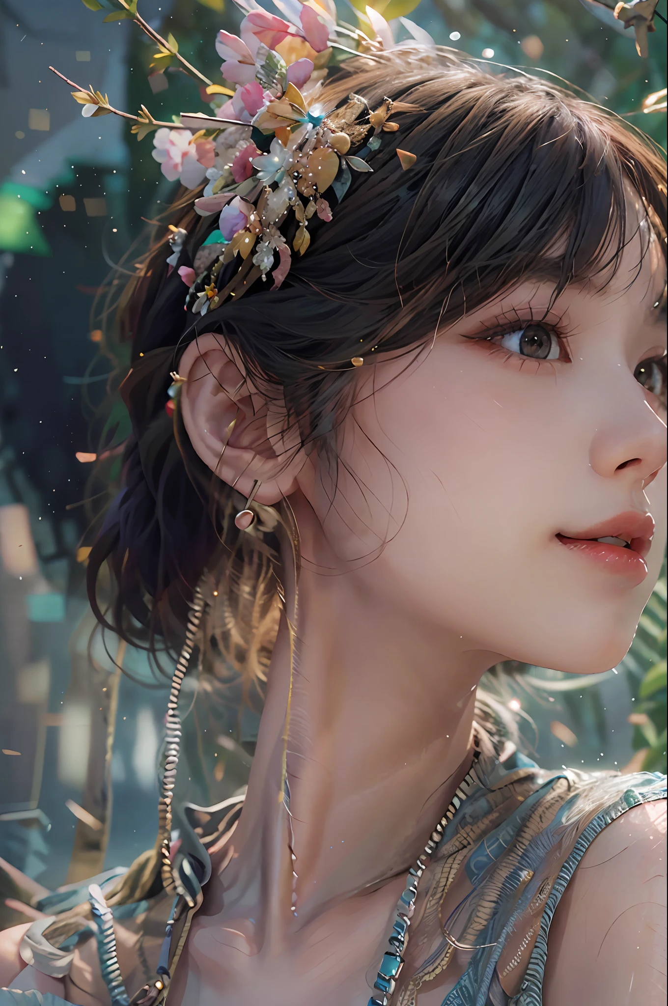 (Fluorescent color:1.4),(semi transparent:1.4),(retro filters:1.4),(fanciful:1.4),(photograph of a woman,1girll:1.2),cropped shoulders,cinmatic lighting, ssmile,short detailed hair,Black shawl straight hair,46 points oblique bangs,High-definition detail、Hyper-detailing、cinematic ligh、ultra-realistic realism、Soft light、Deep field focus bokeh,s the perfect face,beauitful face,beautidful eyes,((Perfect female body)),Candy World Disneyland,aethereal、softness、fluffly、Soft landscape,Pastel pink sky,Green and blue shine,Ethereal light powder,A whimsical rainbow of brilliance、As estrelas,Diamonds sparkle,Gemstone background,(Ultra photo realsisim)、(Super quality)、cinmatic lighting,huge detail,full HD painting,well-illuminated,