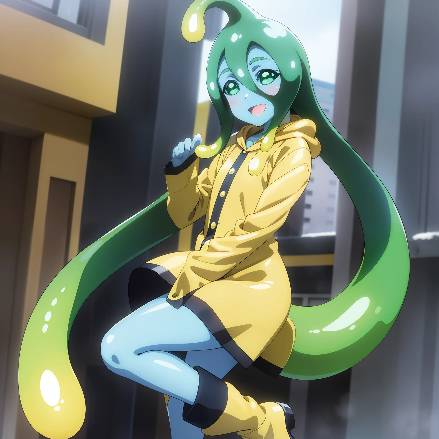 anime coloring,city,
raincoat, rubber boots, yellow raincoat, green eyes, solo, tentacle hair, slime girl, boots, monster girl, blue skin, green hair, yellow footwear, colored skin, open mouth, ahoge, long hair, full body, very long hair, blush, smile,