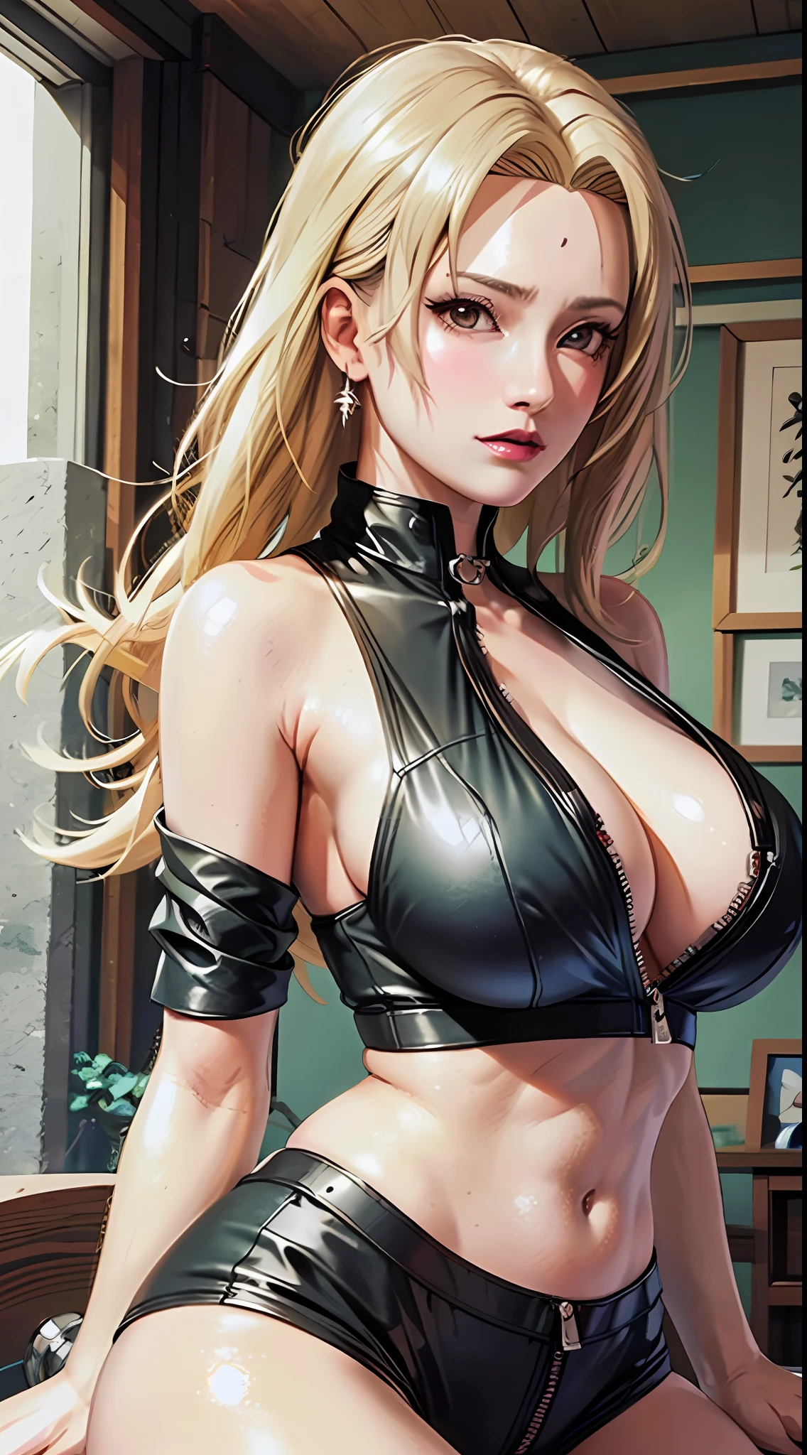 Masterpiece, highres, high Quality, detailed face, detailed body render, 1girl, solo, tsunade, tsunade-sleeveless-outfit, large breasts, big breast, sleeveless shirt, fishnet top, dark lips, unzipped jacket, no bra, breasts out, nipple, standing, blushes, (on bedroom)
