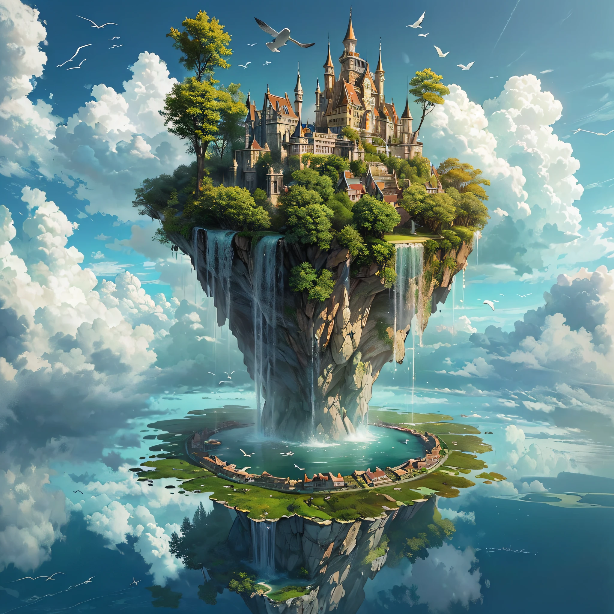Upside Down World:2, (an artist's design of a floating Castle on the floating the land and Forest and Fountain in the air, above the A few clouds and thunderstorms)1.4, bird's-eye view, scenery, no humans, a fantastic magical world, (Best quality), (masterpiece:1.3), (photorealistic:1.36), (realistic), ultra-detailed,, detail background,