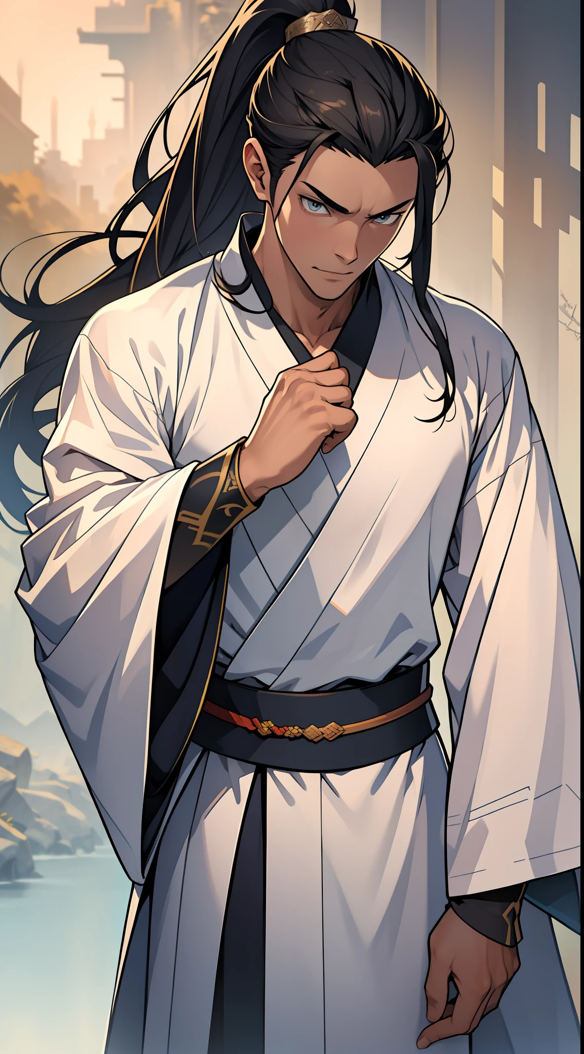 quadratic element,style of anime,mtu(Male Warrior),The proportions are correct,Face details,swordsmen,High ponytail hairstyle,Neck details,There is an Adam's apple,white hanfu,kaftan,long white robe,clothes details,Handing over,longer sleeves,Game quality,Swordsmanship,Light and shadow tracking,Ray traching,detailed glow,cg render,hair detail,yellow long hair,blue colored eyes,Handsome,Handsome,(juvenile sense),Clothing is complicated,Perfectcomposition,Refinement,high qulity,higher details,Lots of details,The background is complex,a sense of atmosphere,