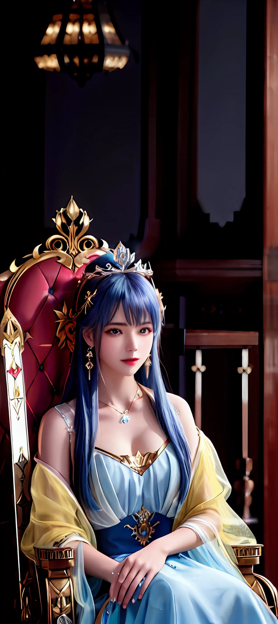 realisticity: 1.2), best quality, masterpiece, highres, super detail, ultra detail, cg, 1girl, queen, weapon, sword, long hair, dress, water, solo, jewelry, yellow dress, wearing a very beautiful crown, earrings, hair ornament, splashing, upper body super realistis, hair bun, blue and pink hair, sitting on a magnificent and beautiful royal throne backgraun super realistis and super detai, ultra detail, lighting,candid, Photograph, high resolution, 8k, 10k, Bokeh,