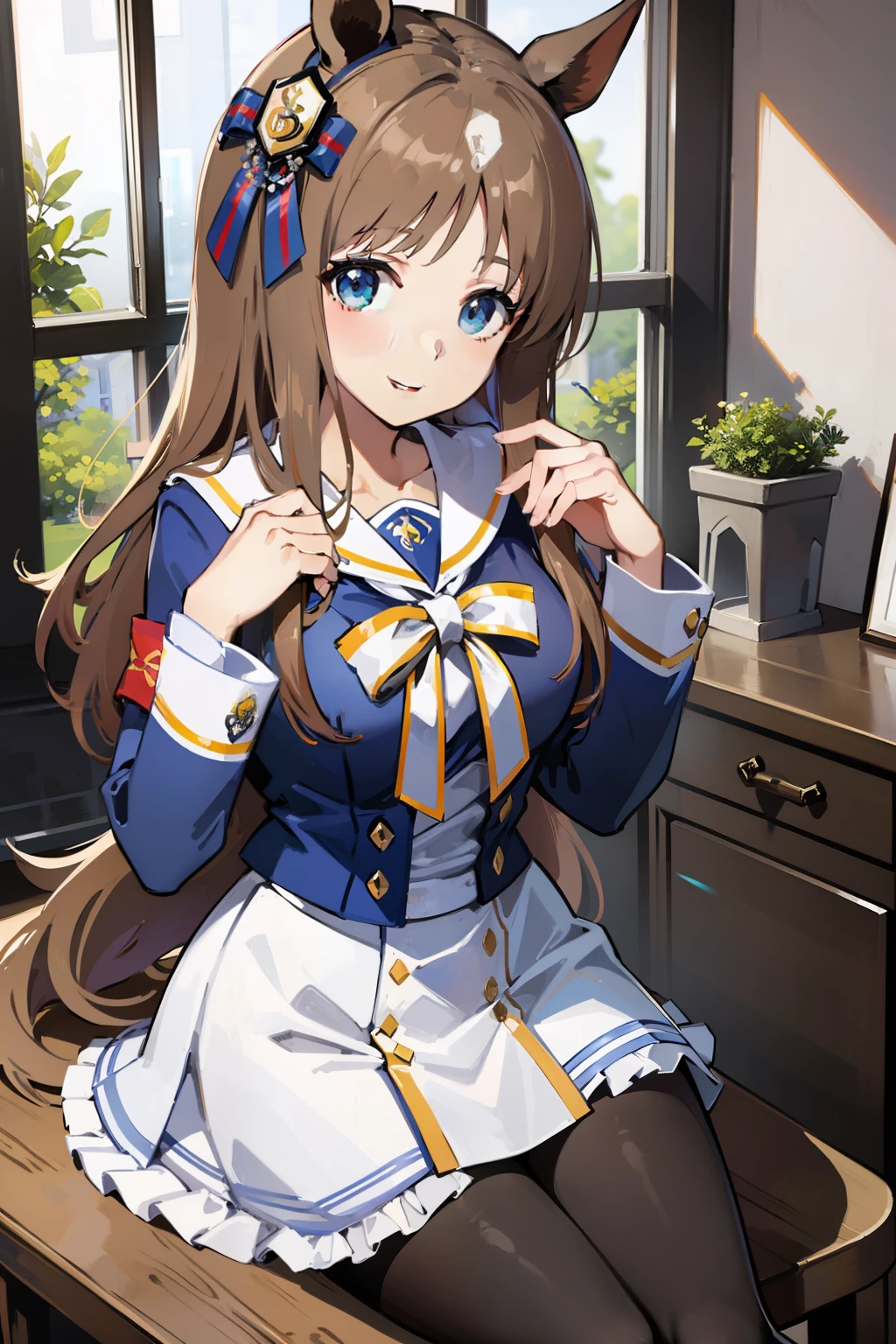 ((​masterpiece、top-quality))、独奏、Glass Wonder、Uma Musume、独奏、Marl、length hair、brown haired、Blue sailor suit、White sailor color、long-sleeve、((Black tights))、ear ornament、White skirt、A smile、Red armband、White ribbon on chest、1 pair is black、The other pair is white、huge window、mansion