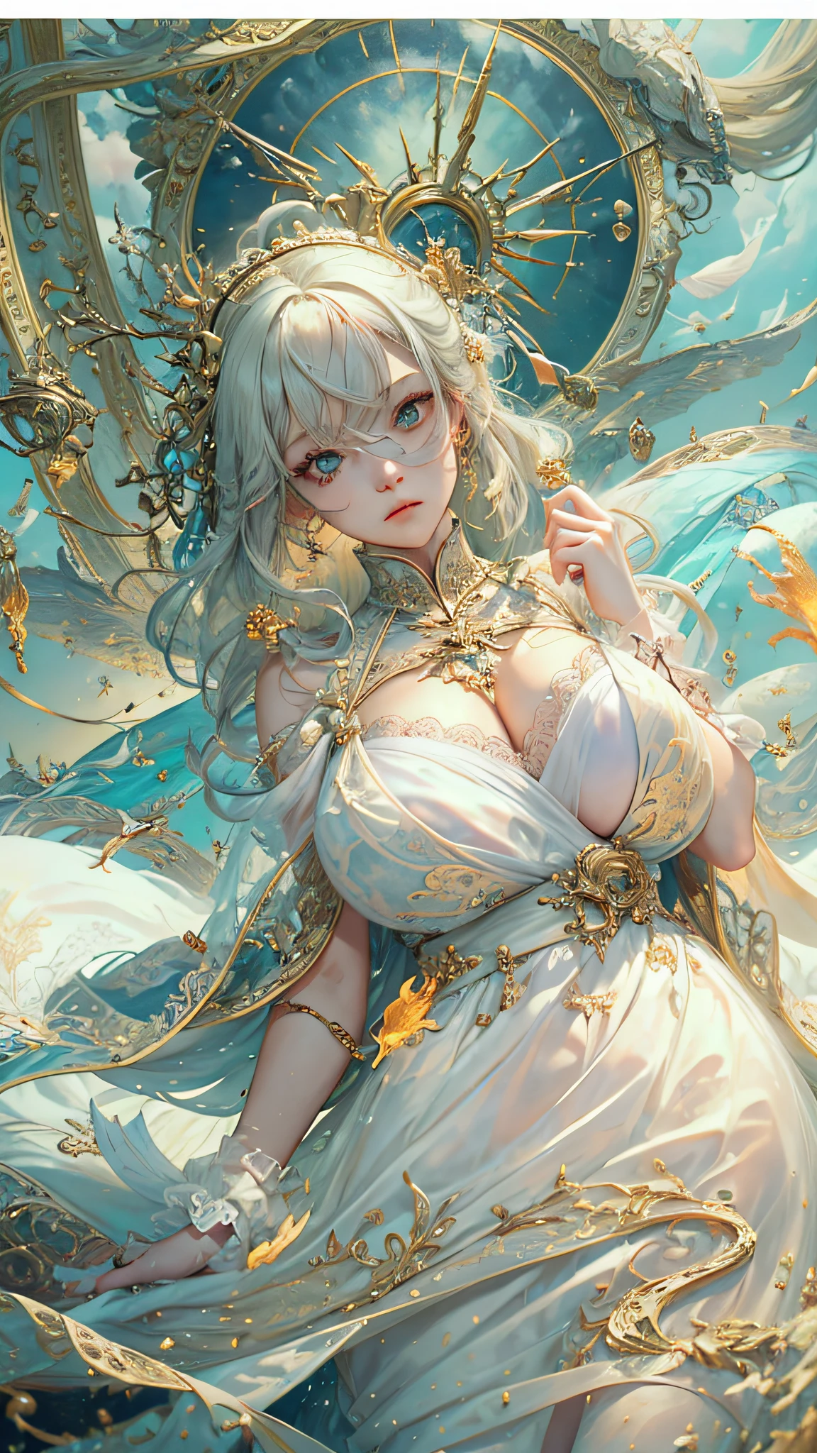 （best qualtiy）， （（tmasterpiece））， 1个Giant Breast Girl，（独奏），half-body portrait， Delicate face， looking at viewert， Firm eyes， exposed bare shoulders，Exquisitehands， Um ser celestial， light particules， The halo，the ocean， Full of energy， Colorful colors， （Bio-luminescence），（Detailed composition）， 电影灯光