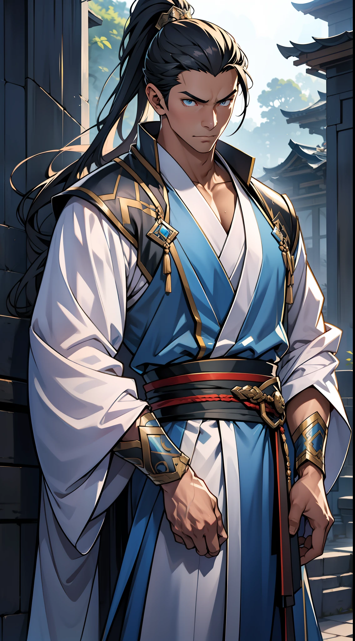 quadratic element,style of anime,mtu(Male Warrior),The proportions are correct,Face details,swordsmen,High ponytail hairstyle,Neck details,There is an Adam's apple,Blue suit,kaftan,long blue robes,clothes details,Handing over,longer sleeves,Game quality,Swordsmanship,Light and shadow tracking,Ray traching,detailed glow,cg render,hair detail,Blue long hair,blue colored eyes,Handsome,Handsome,(juvenile sense),Clothing is complicated,Perfectcomposition,Refinement,high qulity,higher details,Lots of details,The background is complex,a sense of atmosphere,