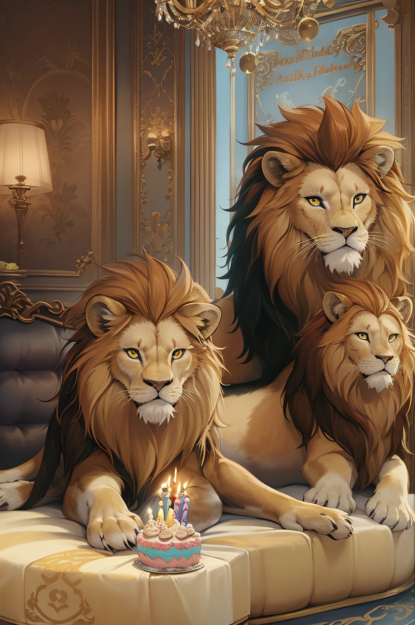 lion，((Non-human))(Fluffy hair)，Tattoo between the eyebrows，Domineering looking，Calfskin sofa，posture:Sit(Eyes look at the lens)，((The birthday cake))，Elegant color scheme