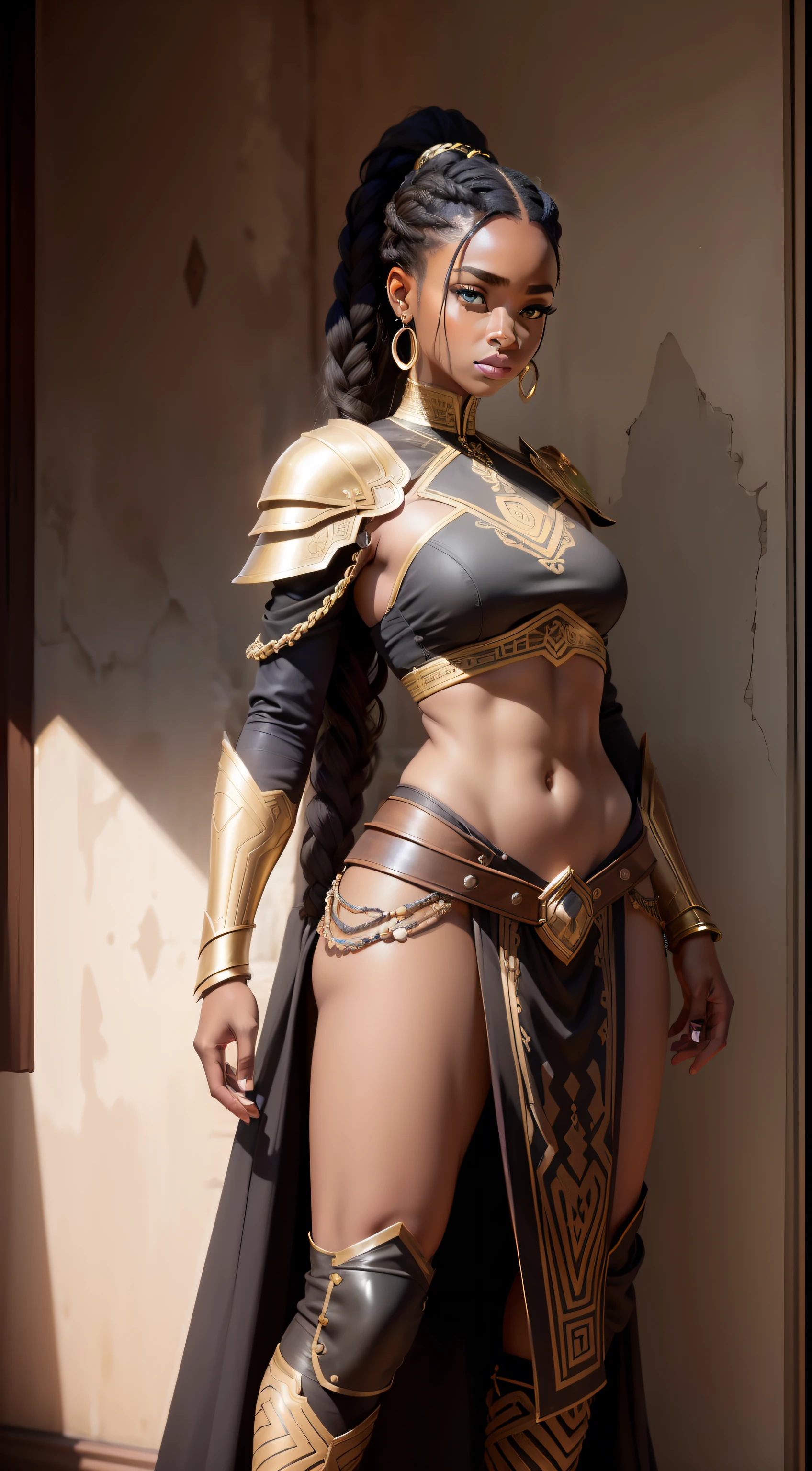 HD masterpiece, long African braid ponytail, black woman female, wearing african design armor, midriff, dress tunic african design suit, (1girl:1.3), solo,_body-parts__, official art, unity 8k wallpaper, ultra detailed, beautiful and aesthetic, beautiful, masterpiece, best quality, RAW, masterpiece, super fine photo,, best quality, super high Resolution, photorealistic, sunlight, full body portrait, stunningly beautiful,, dynamic pose, delicate face, vibrant eyes, (side view)