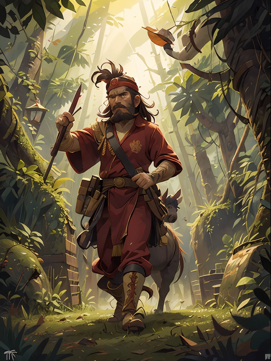 Indonesian warrior man, mustache, beard, red headband warrior, wear red shirt, long red robe, ride a horse, raised hand with a dagger, heroic, battlefield , at night, full body view, background burning jungle, fire