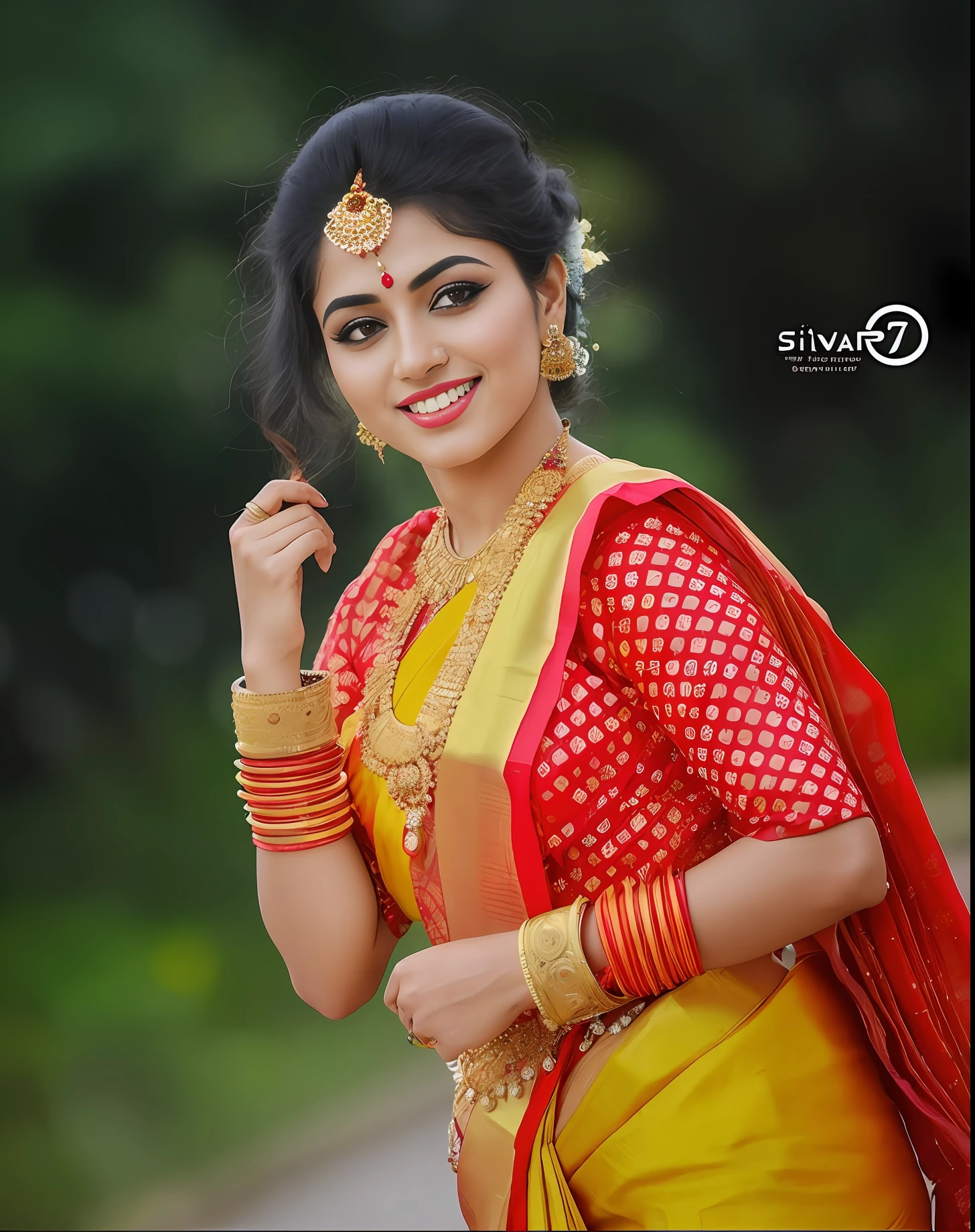 a woman in a red and yellow sari poses for a picture, traditional beauty, traditional, traditional female hairstyles, very beautiful enga style, traditional makeup, with lovely look, indian, indian style, dressed in a sari, wearing sari, adorned with precious stones, colorful with red hues, wearing a sari, gorgeous woman, dramatic smile pose intricate, traditional art, wearing elegant jewellery