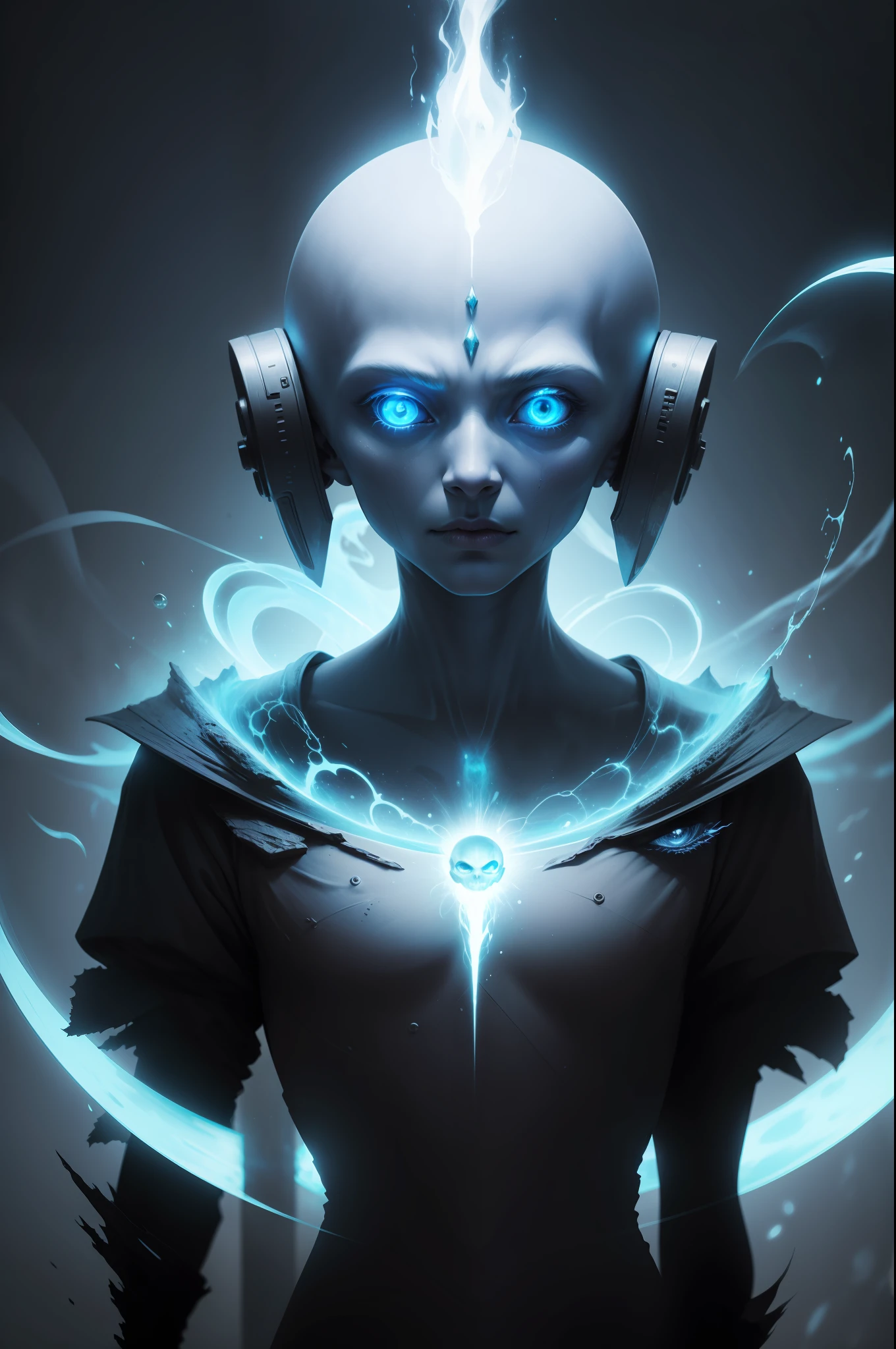 Ghostly portrait of a futuristic alien from another dimension creator of the universe with powerful ancient magic from an unknown dimension