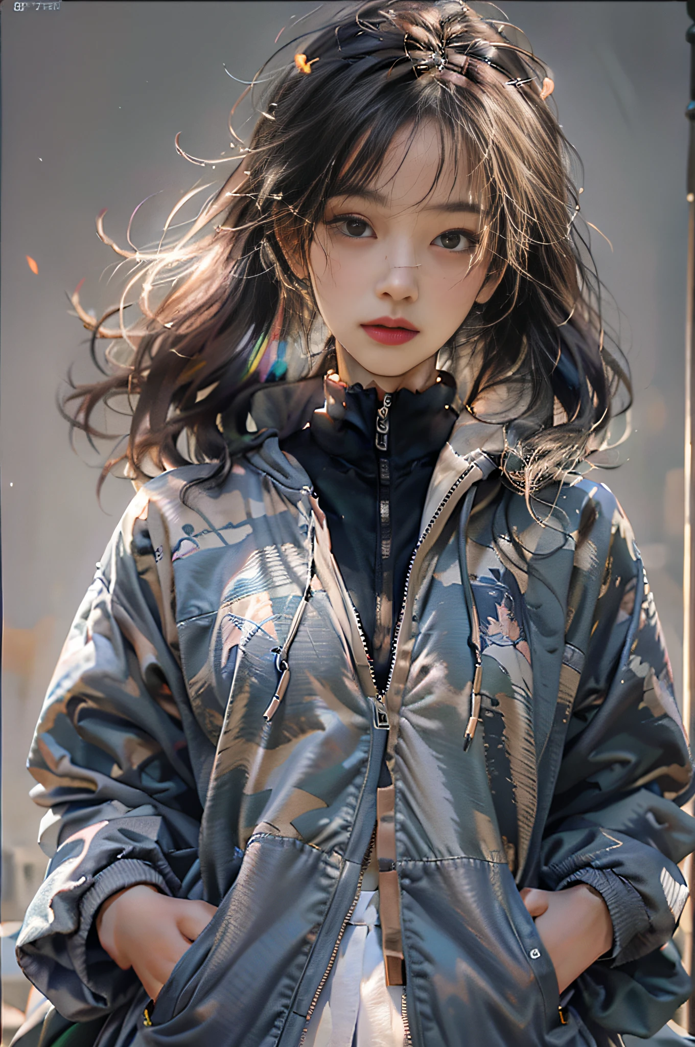 (Hyper-realistic) , (illustratio), (Increase the resolution), (8K), (RAW photos,best qualtiy),(realisticlying,photograph realistic:1.3),best qualtiy,highly detailed,tmasterpiece,Hyper-detailing,one-girl,Stylish sweatshirt, Windbreaker long skirt,Poster on the front,The color of the clothes is bright and simple,cinematic ligh、ultra-realistic realism、Soft light、Deep field focus bokeh、with short black hair,White skin,famousartwork,s the perfect face,beauitful face,beautidful eyes,((Perfect female body))Cute, Very aesthetic,Realistic style anime,ssmile,self-assured,Put your hands in your pockets,tmasterpiece,ultraclear,8K,HighestQuali,