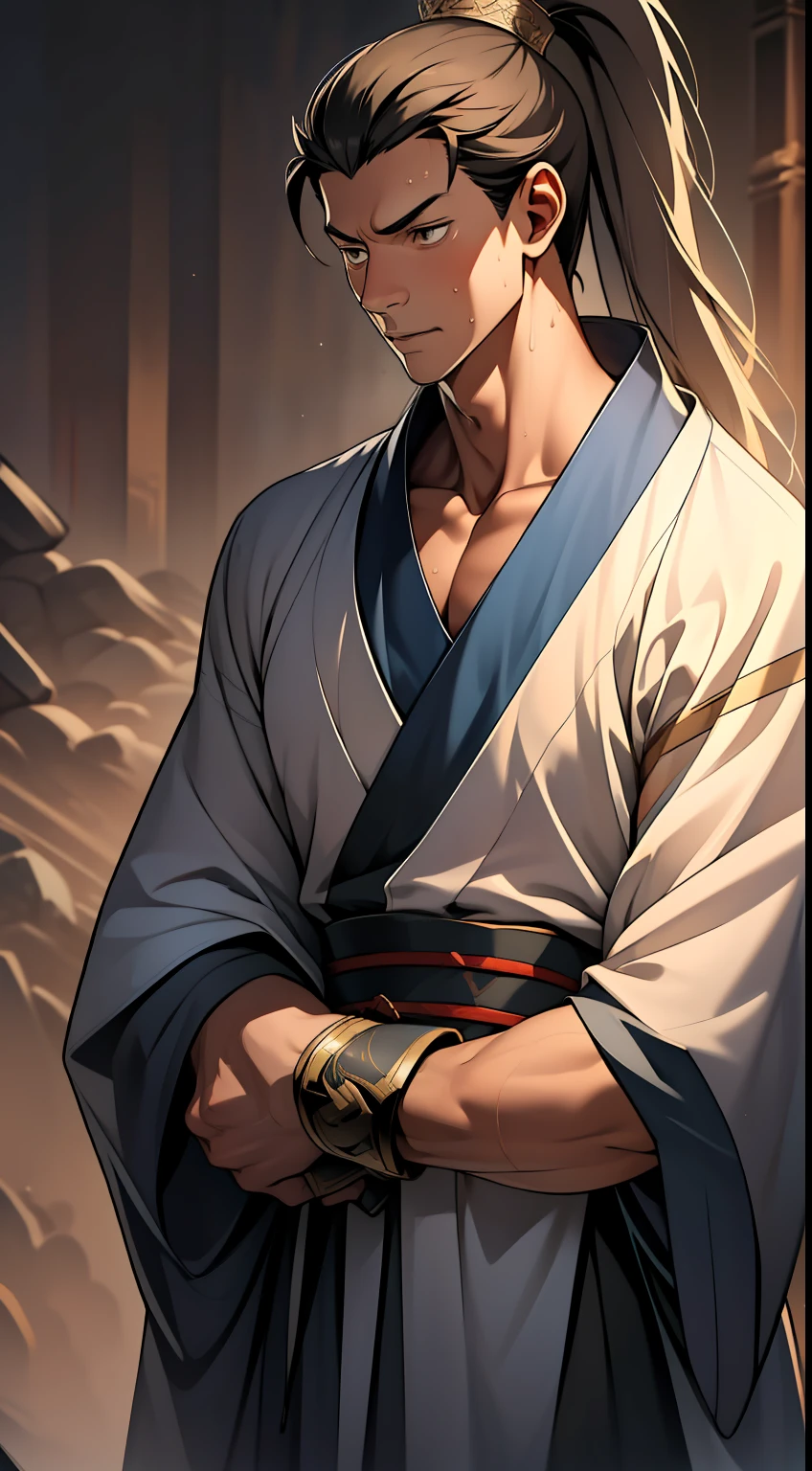 quadratic element,style of anime,mtu(Male Warrior),The proportions are correct,Face details,swordsmen,High ponytail hairstyle,Neck details,There is an Adam's apple,Black Hanfu,kaftan,Embroidered robes,Black robe,clothes details,Handing over,longer sleeves,Game quality,Swordsmanship,Light and shadow tracking,Ray traching,detailed glow,cg render,hair detail,long white hair,Black eyes,Handsome,Handsome,(juvenile sense),Clothing is complicated,Perfectcomposition,Refinement,high qulity,higher details,Lots of details,The background is complex,a sense of atmosphere,