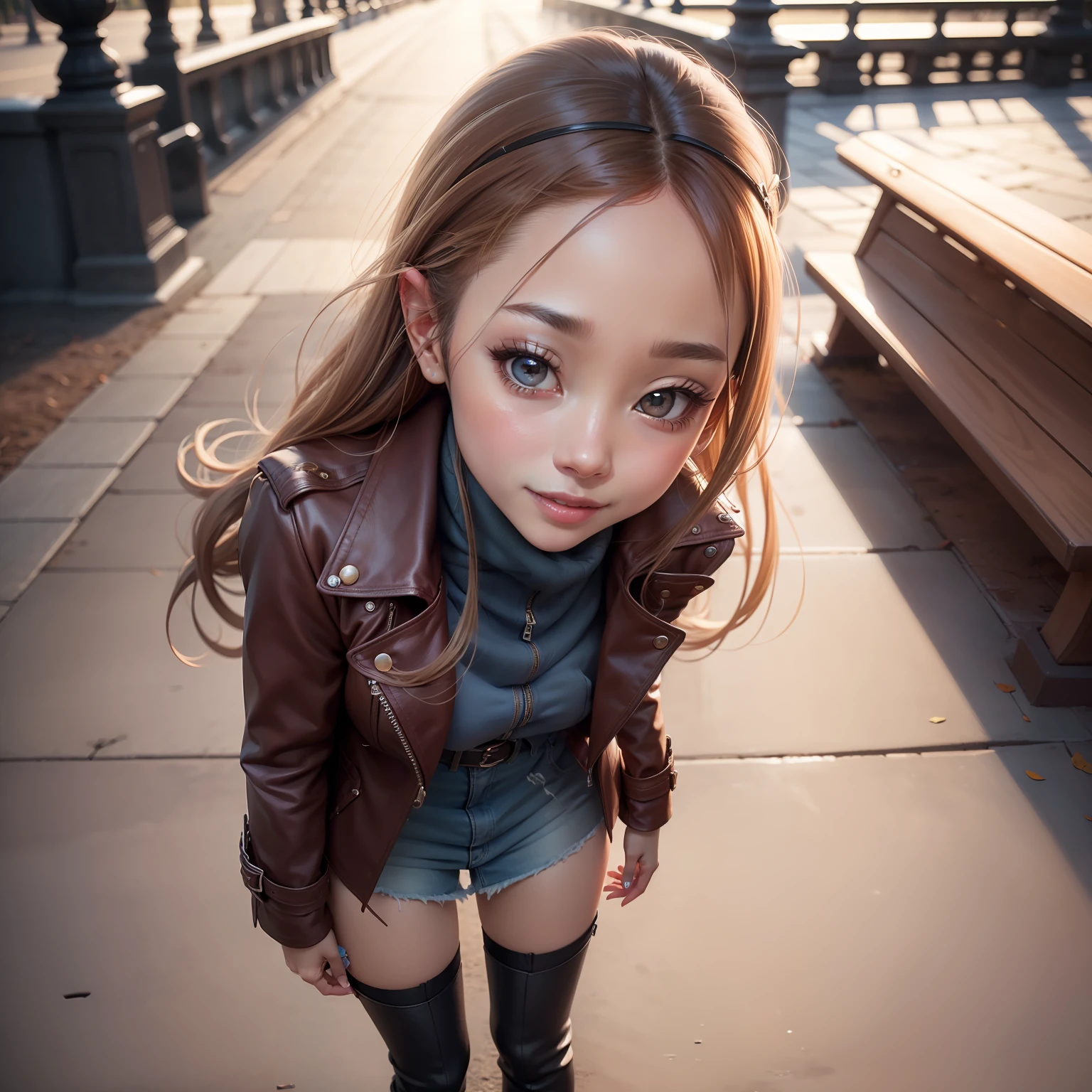 Solo, femele,(Looking away), (Parted lips,lightsmile),(Shiny skin:1.1),blush, Wearing a leather coat, long boots, Skindentation, Wide angle shot, Full body, Best Quality, 超A high resolution, (Photorealistic), (Detailed face and eyes), Namie Amuro, on the park