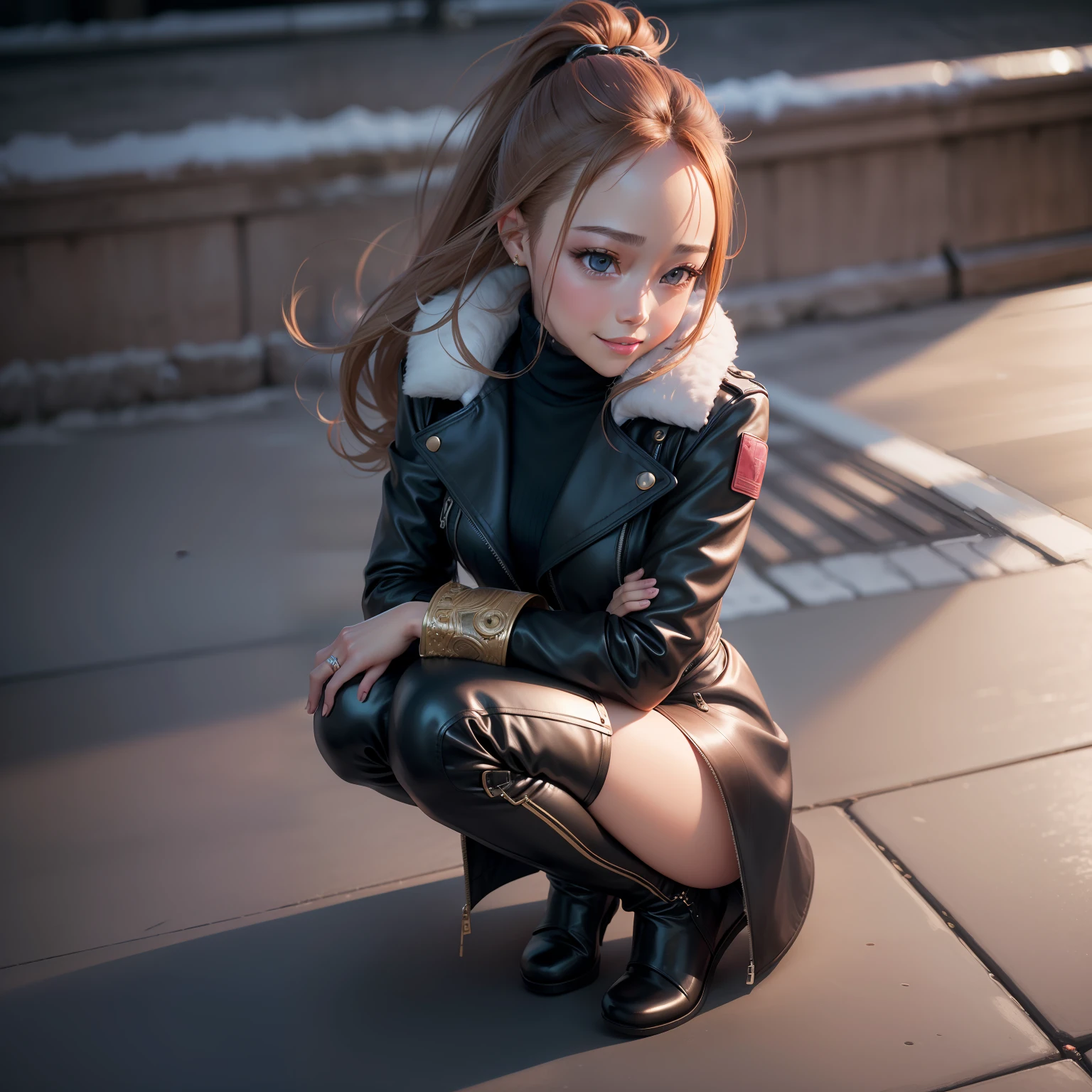 Solo, femele,(Looking away), (Parted lips,lightsmile),(Shiny skin:1.1),blush, Wearing a leather coat, long boots, Skindentation, Wide angle shot, Full body, Best Quality, 超A high resolution, (Photorealistic), (Detailed face and eyes), Namie Amuro, on the park