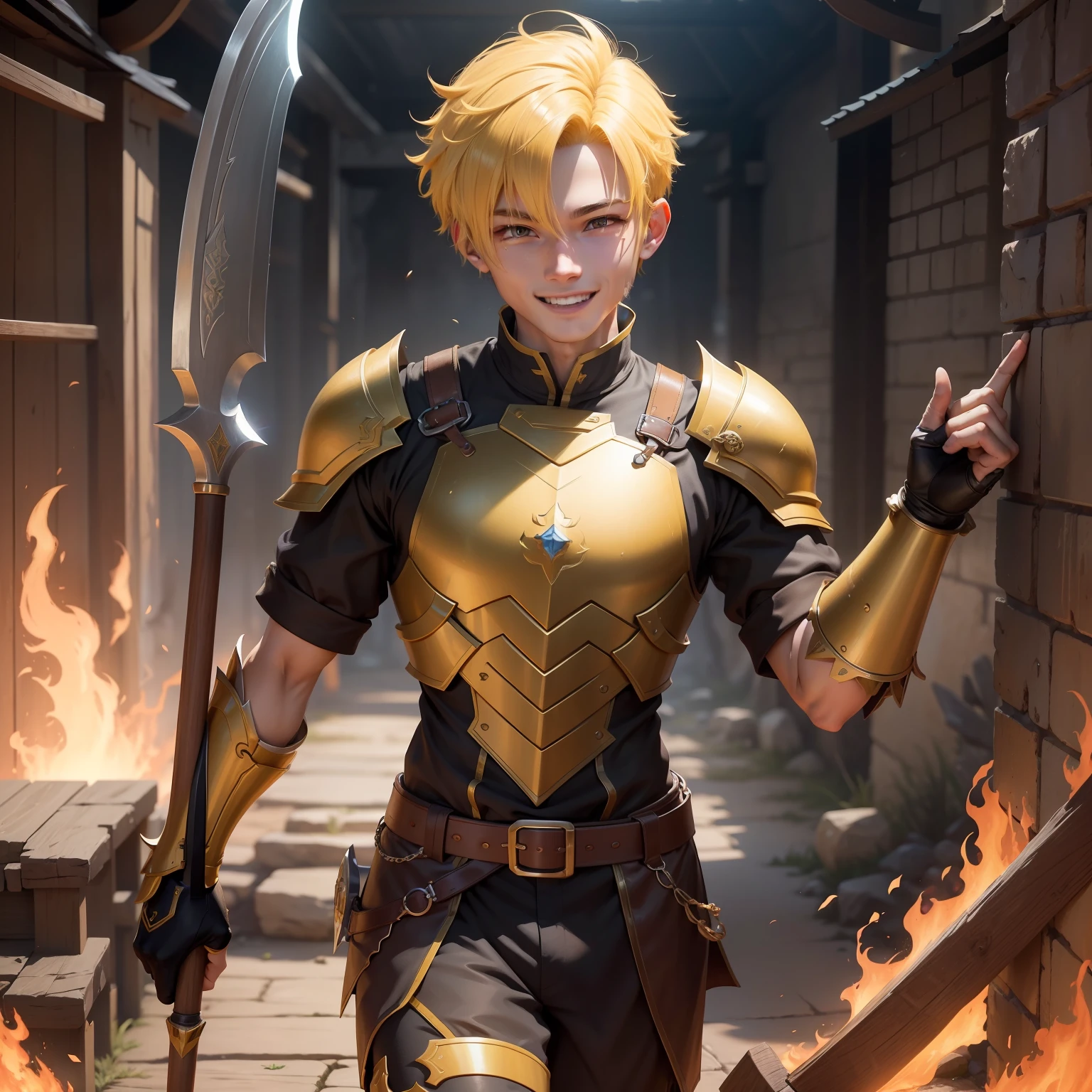 The animations are rich in detail,This is a high-quality 8K masterpiece。20-year-old male,Short yellow hair,Ultra-short hair,Brown skin,Cheerful personality smile,Stable appearance,Fire magic,Light armor,Big axe
