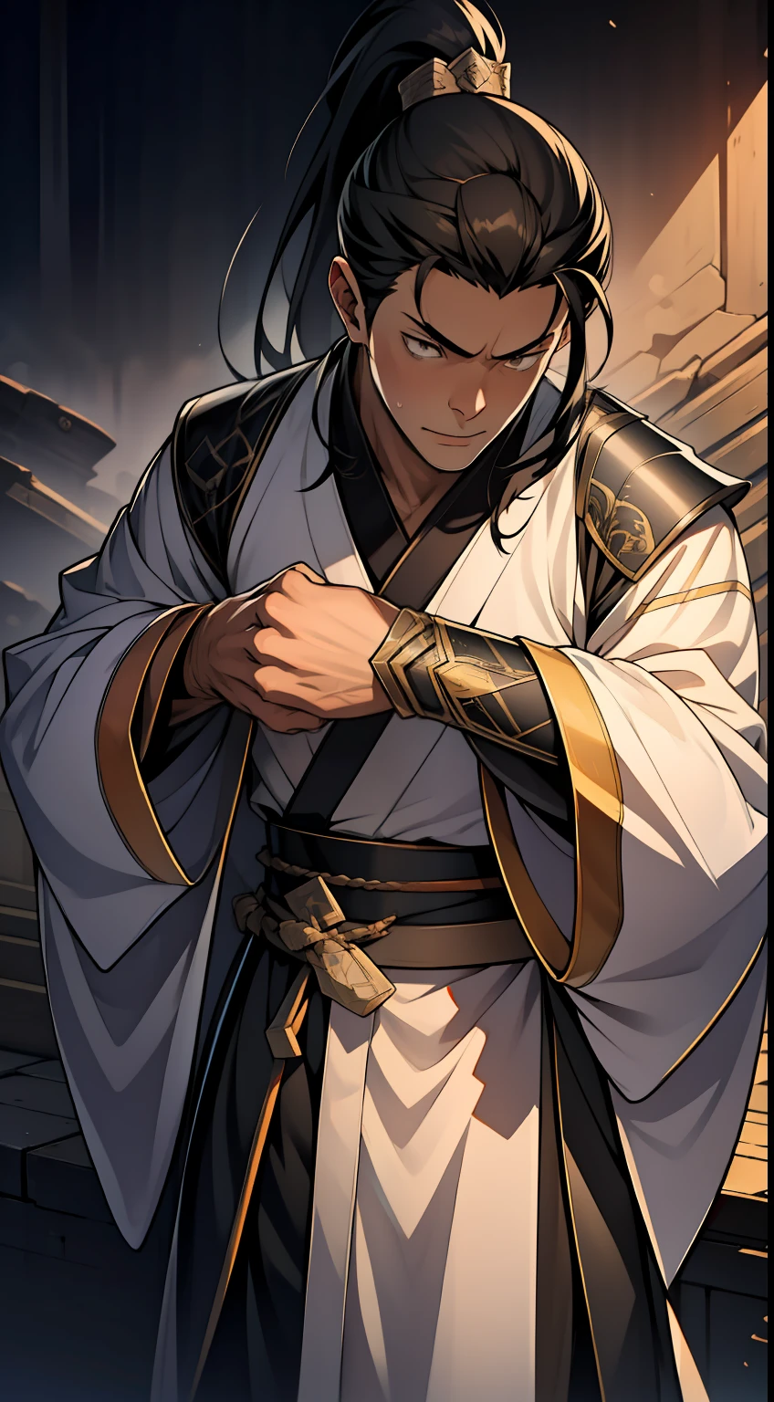 quadratic element,style of anime,mtu(Male Warrior),The proportions are correct,Face details,swordsmen,High ponytail hairstyle,Neck details,There is an Adam's apple,Black Hanfu,kaftan,Embroidered robes,Black robe,clothes details,Handing over,longer sleeves,Game quality,Swordsmanship,Light and shadow tracking,Ray traching,detailed glow,cg render,hair detail,long white hair,Black eyes,Handsome,Handsome,(juvenile sense),Clothing is complicated,Perfectcomposition,Refinement,high qulity,higher details,Lots of details,The background is complex,a sense of atmosphere,