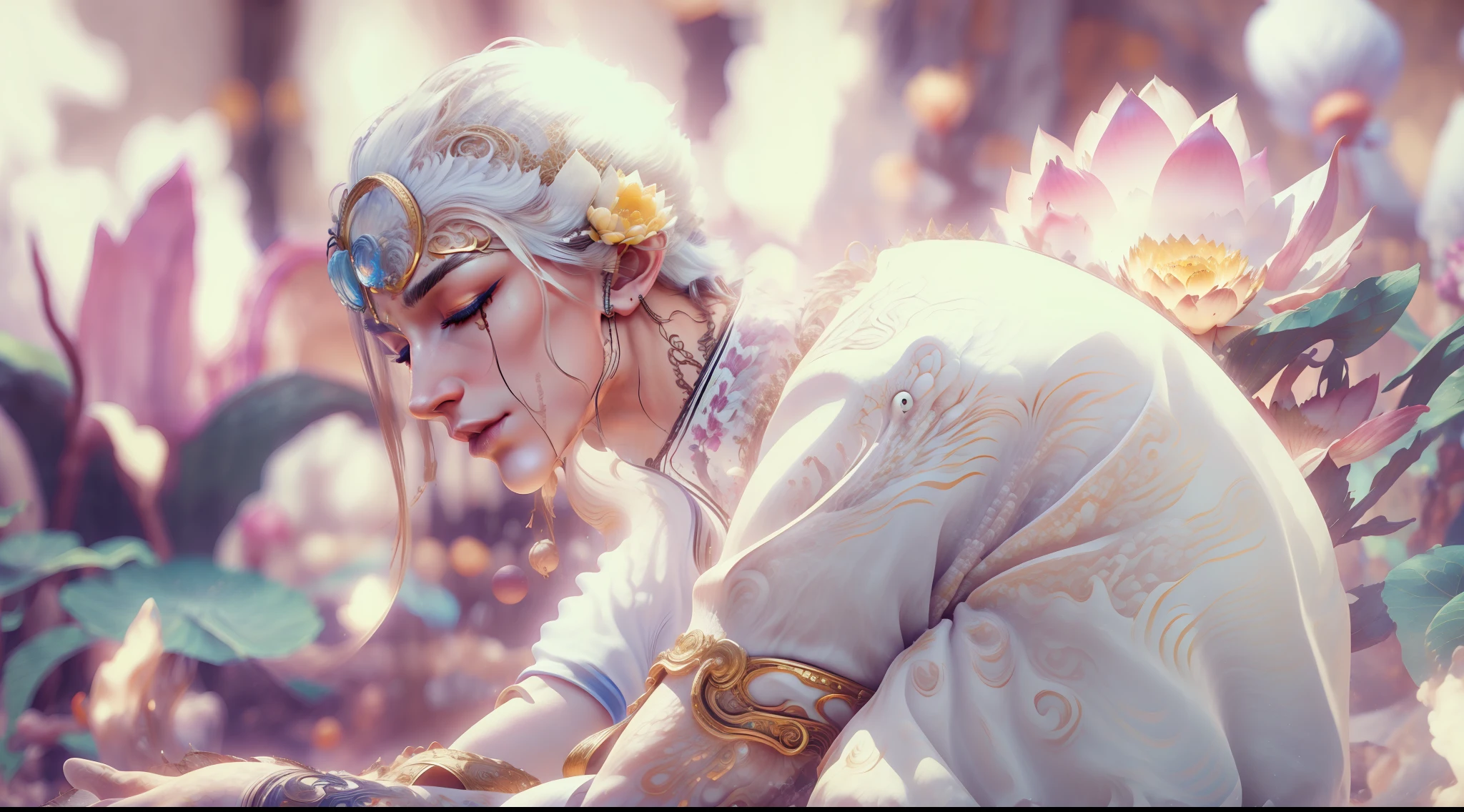 Handsome guy in a white shirt,White giant lotus,Sit and meditate in a lotus pose,Look at the audience with your eyes closed,raised head,Floating on the ground,cheerfulness,A slight smil,realisticlying,Bokeh,light particules,very highly detailed background,detailed face with,Detailed and complex busy background,Untidy,opulent,milkyW,Highly detailed hands,Realistic details of skin,Visible Pore,tack sharp focus,volume fog,8K UHD,digital SLR camera,high qulity,filmgrain,White skin of the,photo-realism,lomo graphy,Huge metropolis in a dystopia of the future , look from down