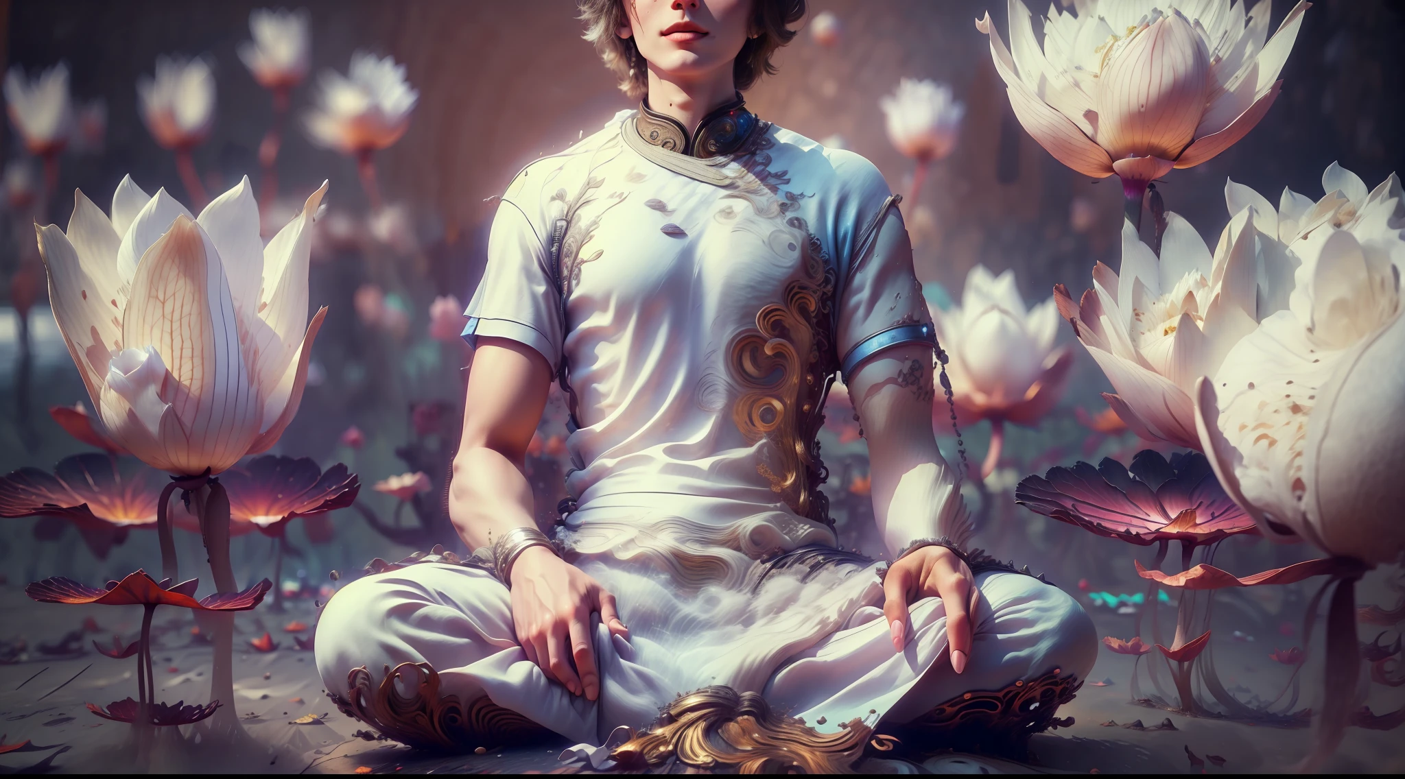 Handsome guy in a white shirt，White giant lotus，Sit and meditate in a lotus pose，Look at the audience with your eyes closed，raised head，Floating on the ground，cheerfulness，A slight smil，realisticlying，Bokeh，light particules，very highly detailed background，detailed face with，Detailed and complex busy background，Untidy，opulent，milkyW，Highly detailed hands，Realistic details of skin，Visible Pore，tack sharp focus，volume fog，8K  UHD，digital SLR camera，high qulity，filmgrain，White skin of the，photo-realism，lomo graphy，Huge metropolis in a dystopia of the future , look from down