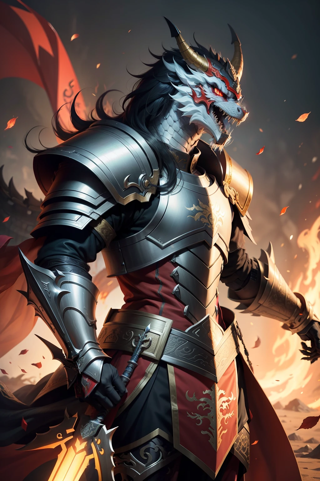 Chinese dragon general in armor，handheldweapons，4K，k hd，tmasterpiece，The picture is detailed！