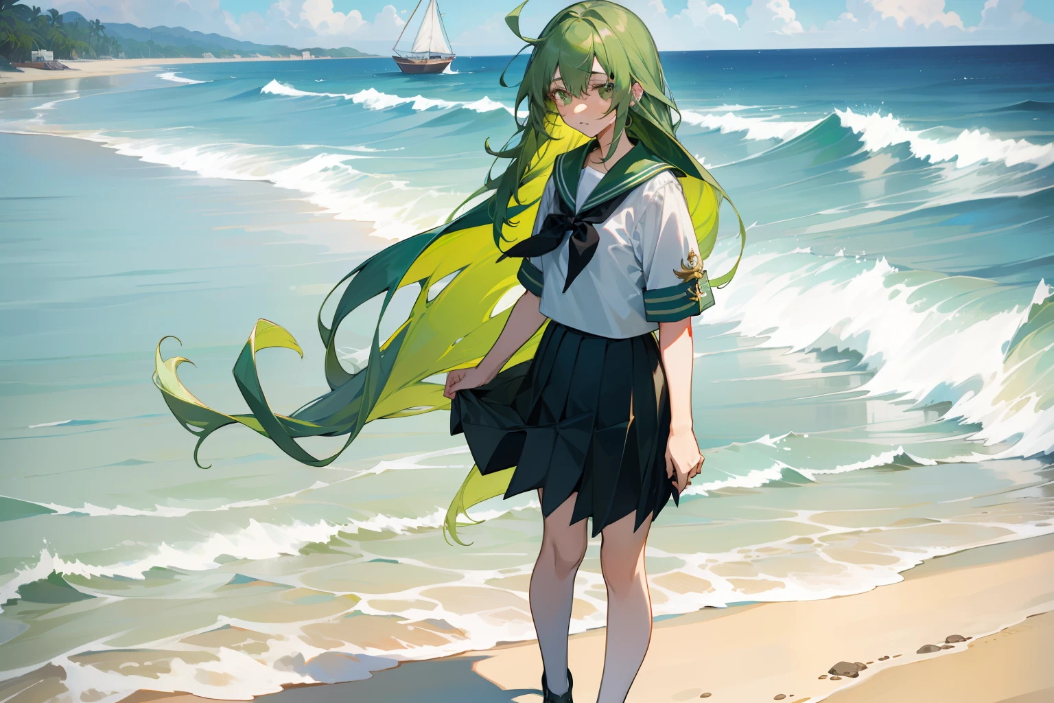 （tmasterpiece：1.2，high high quality），（Beautiful girl in sailor suit），（bandagens），（beachside），（Long green hair），（Some messy long hair），（Melancholy eyes），（Light green eyes） ，（Girl standing by the sea），（a black pleated skirt）