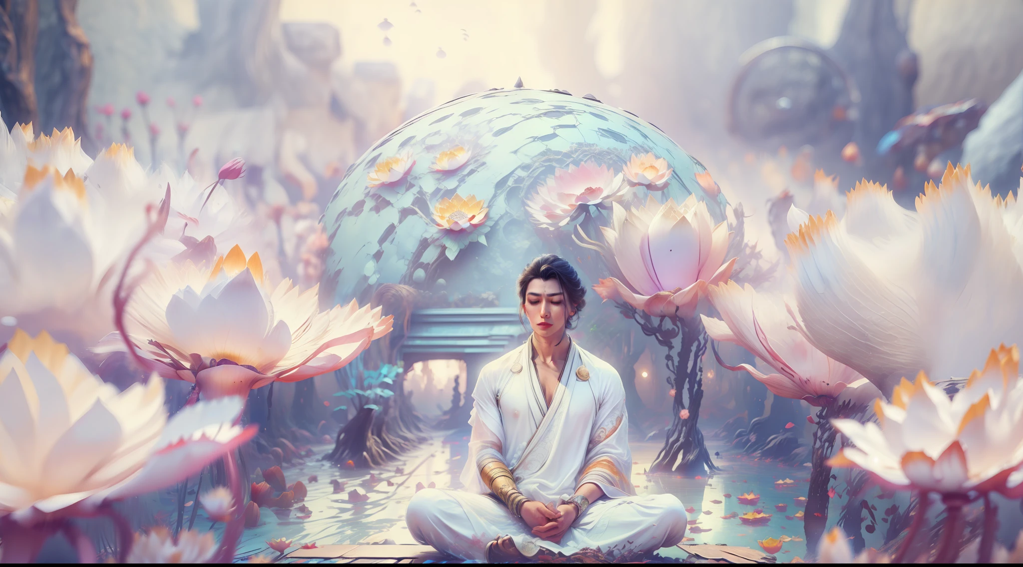 Handsome guy in a white shirt，White giant lotus，Sit and meditate in a lotus pose，Look at the audience with your eyes closed，raised head，Floating on the ground，cheerfulness，A slight smil，realisticlying，Bokeh，light particules，very highly detailed background，detailed face with，Detailed and complex busy background，Untidy，opulent，milkyW，Highly detailed hands，Realistic details of skin，Visible Pore，tack sharp focus，volume fog，8K  UHD，digital SLR camera，high qulity，filmgrain，White skin of the，photo-realism，lomo graphy，Huge metropolis in a dystopia of the future , look from down