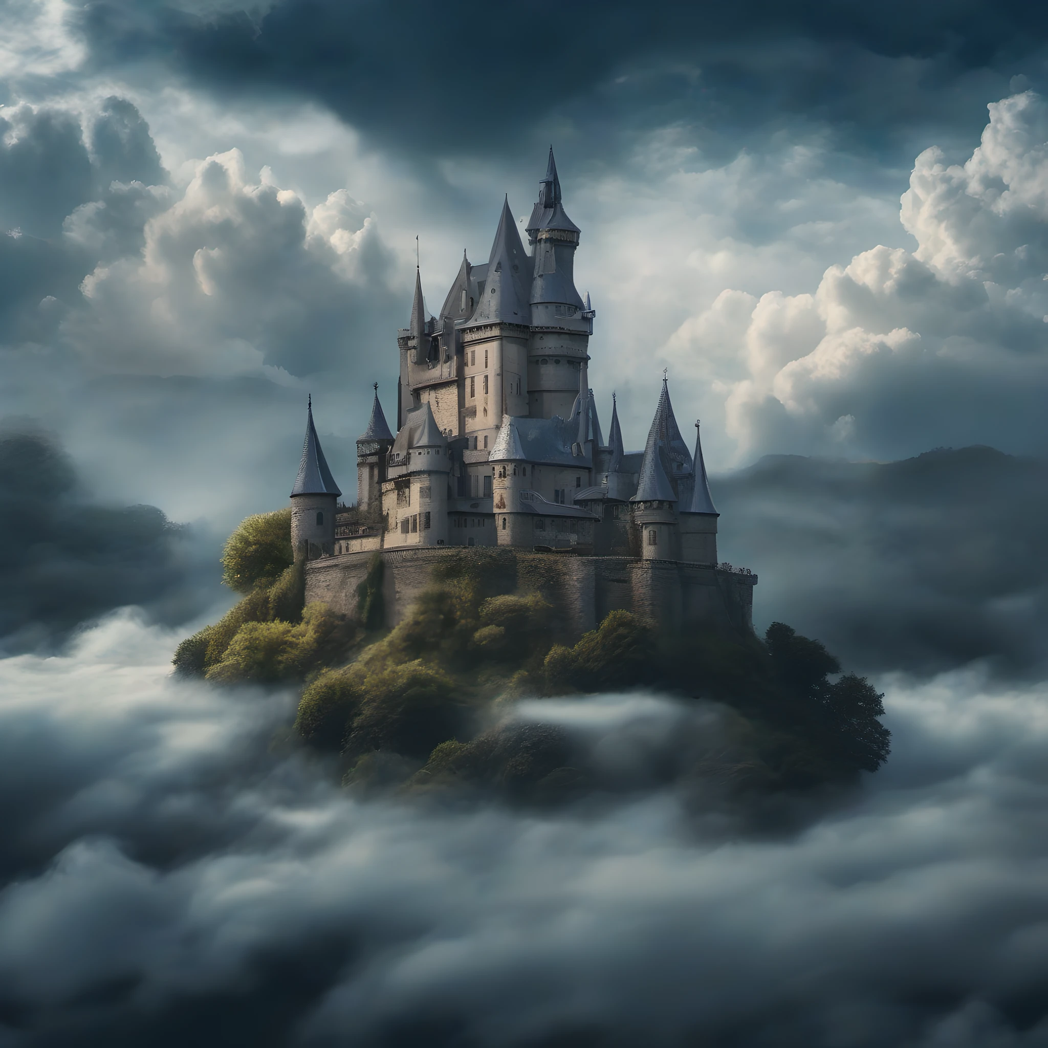 Create a high-resolution hyper-realistic image of a Gentle earth elemental lurking in a Enchanted castle in the clouds . The style should be reminiscent of classic fairytale illustrations with the deep blues and blacks with contrasting moonlight . Use a standard lens to capture the image. --style raw