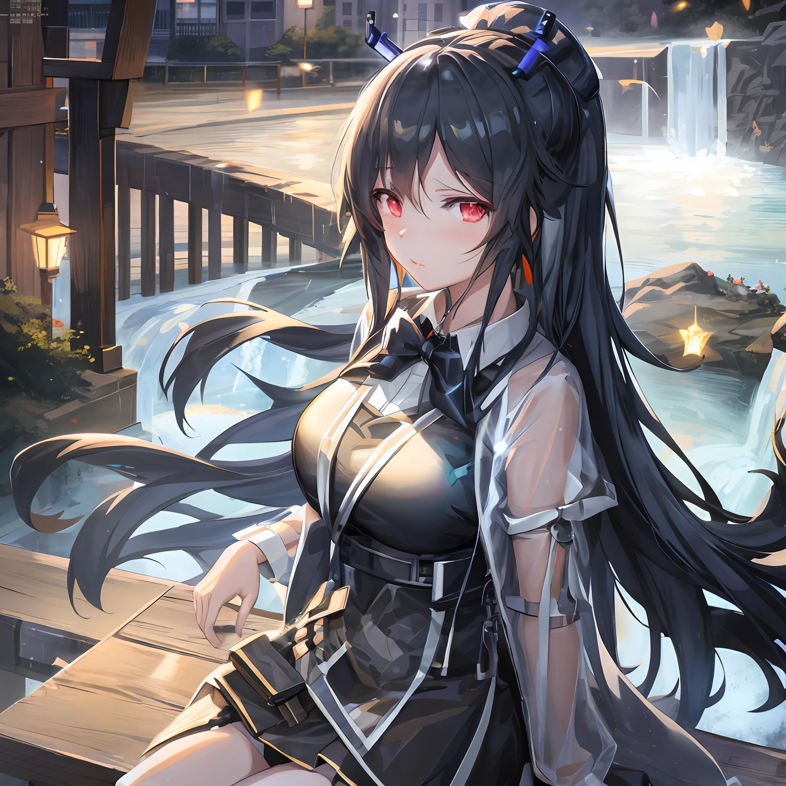 Anime girl with long black hair and bow tie standing in front of waterfall, from girls frontline, Anime moe art style, Fine details. Girl front, girls frontline style, Girls Frontline CG, Kantai collection style, Smooth anime CG art