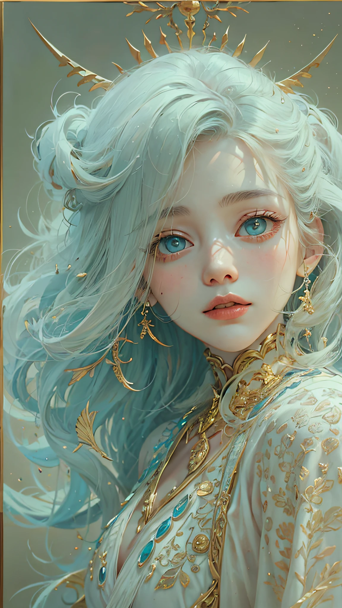 (best qualtiy), ((tmasterpiece)), 1个Giant Breast Girl,(独奏),half-body portrait, Delicate face, looking at viewert, Firm eyes, exposed bare shoulders,Exquisitehands, Um ser celestial, light particules, The halo,the ocean, Full of energy, Colorful colors, (Bio-luminescence),(Detailed composition), 电影灯光